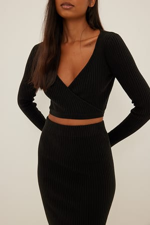 Black Rib Knitted Long Sleeved Wrap Top