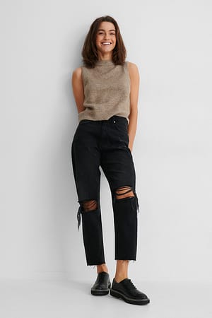 Black Organische jeans met hoge taille en gescheurde knieën