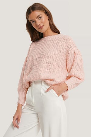 Light Pink Melanżowy Sweter Z Krótkimi Bufiastymi Rękawami_x000D_