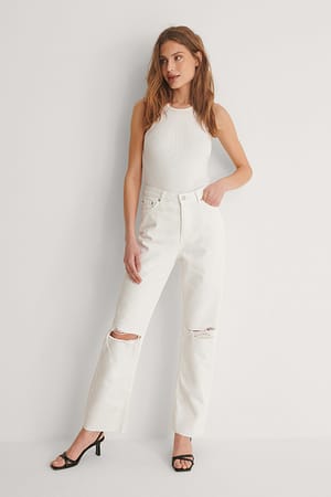 White Organische rechte versleten jeans met hoge taille