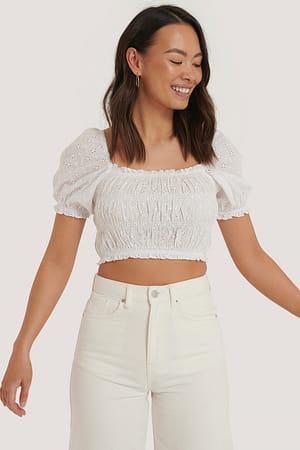 White Gestructureerde Anglaise Crop Top