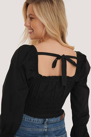 Black Organische blouse met vierkante halslijn en strik achter