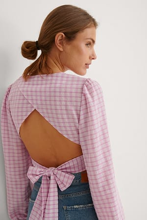Pink Check Tie Back LS Check Blouse