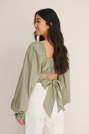 Green Ekologiczna bawełniana bluzka z długimi rękawami wiązana z tyłu