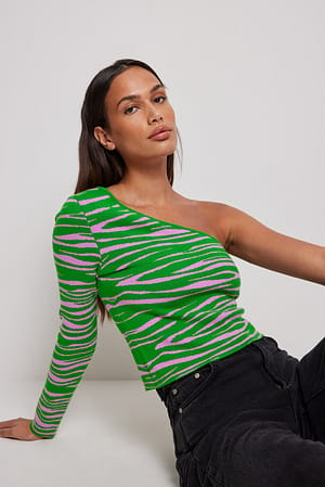Green/Lilac One Shoulder Jacquard Knitted Top