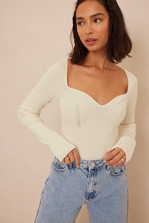 Off White Rib Knitted Long Sleeve Top