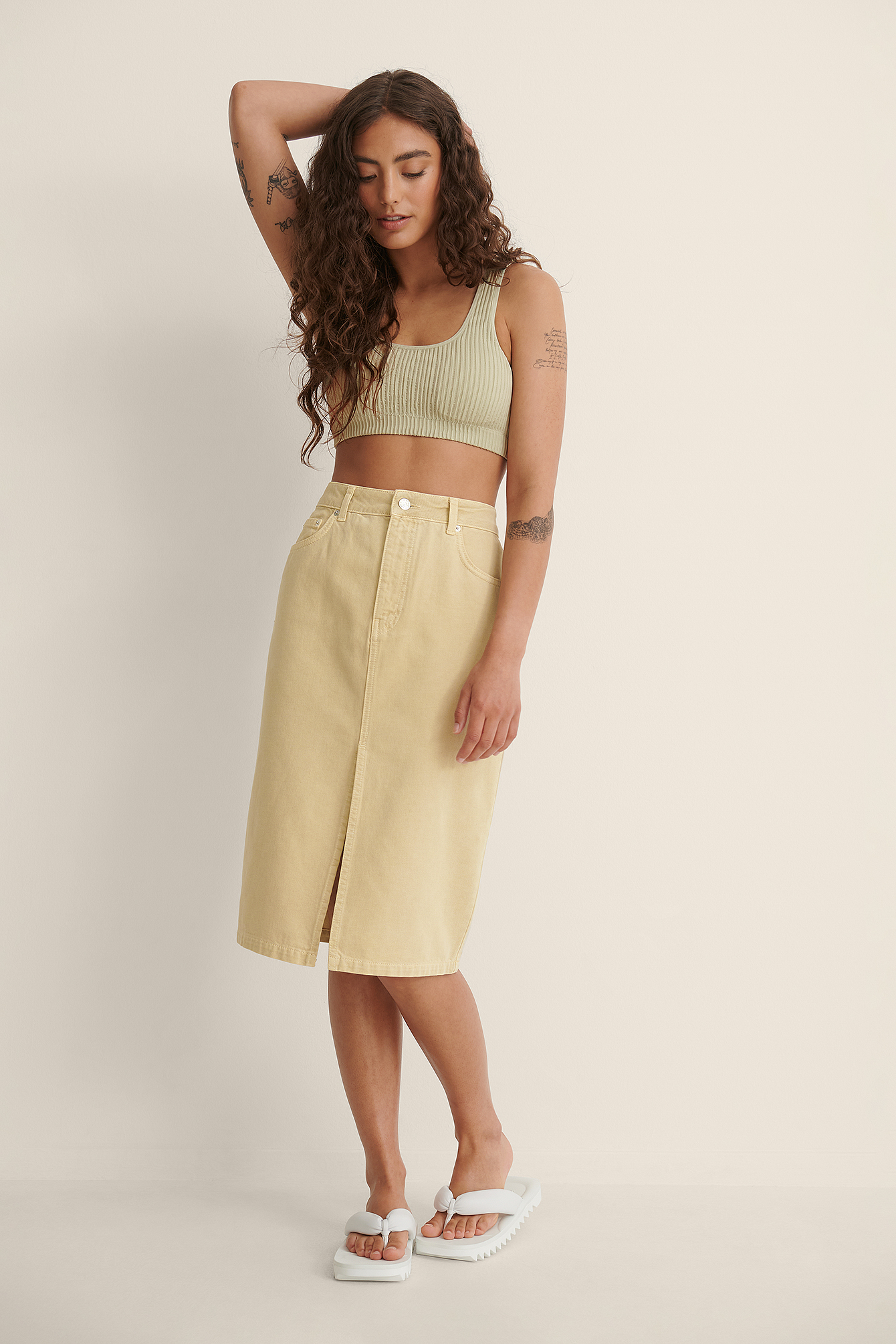 Light Green Organic Colored Denim Front Slit Skirt
