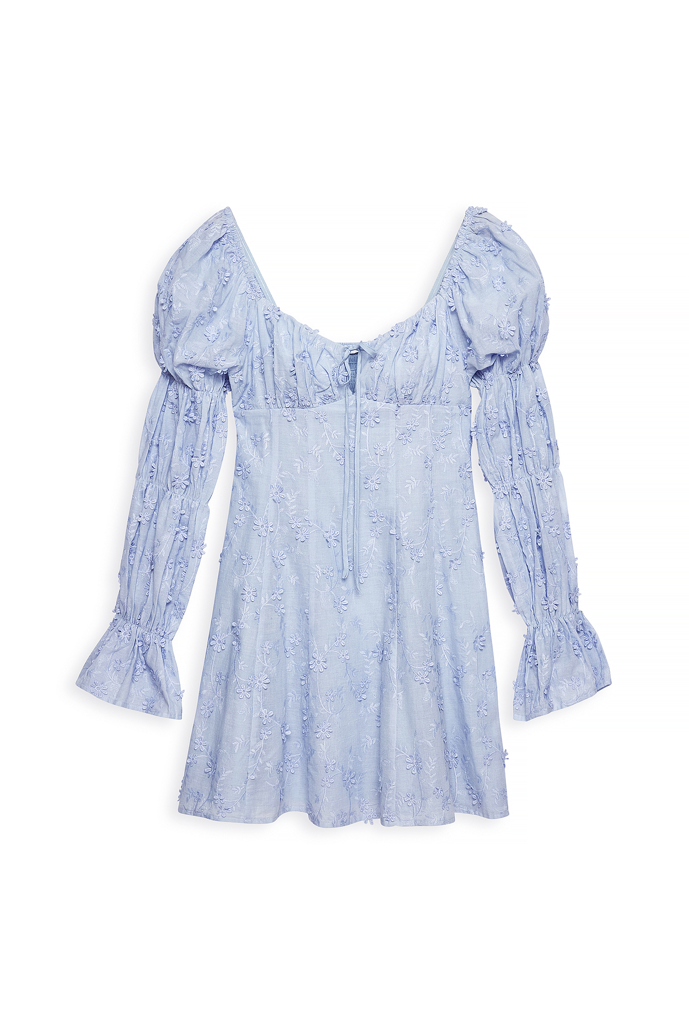 Blue Embroidered Ruched Sleeve Mini Dress