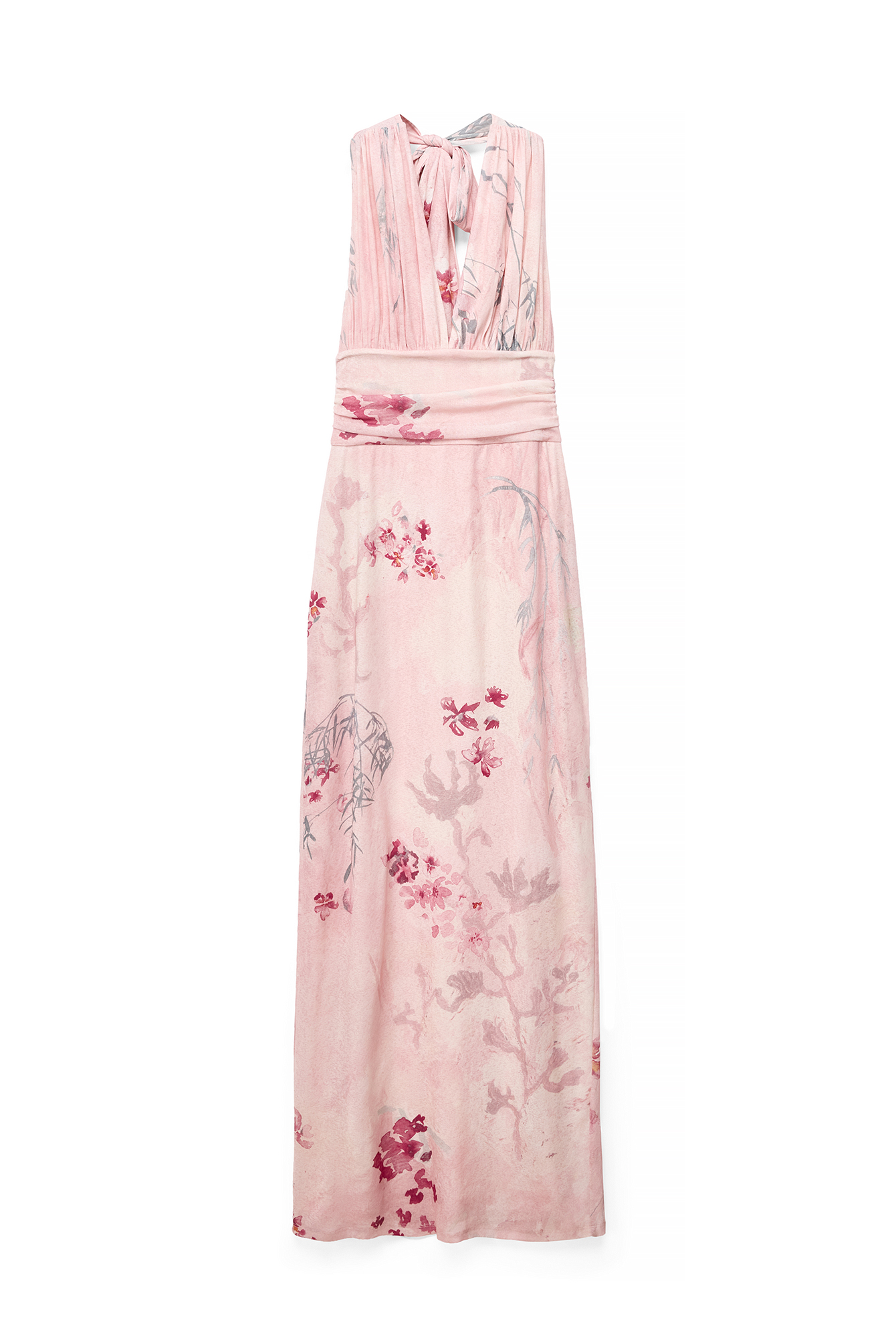 Light Pink Print Halterneck Tie Maxi Dress