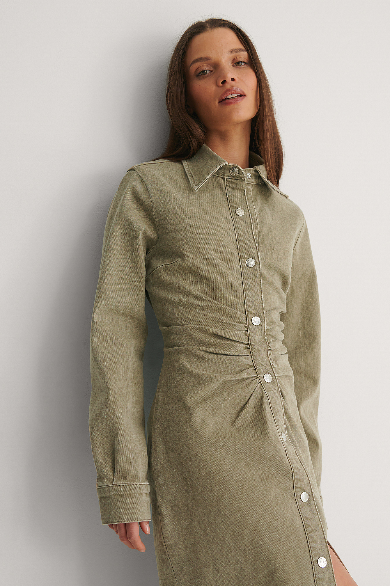 Olive Ruched Colored Denim Midi Dress