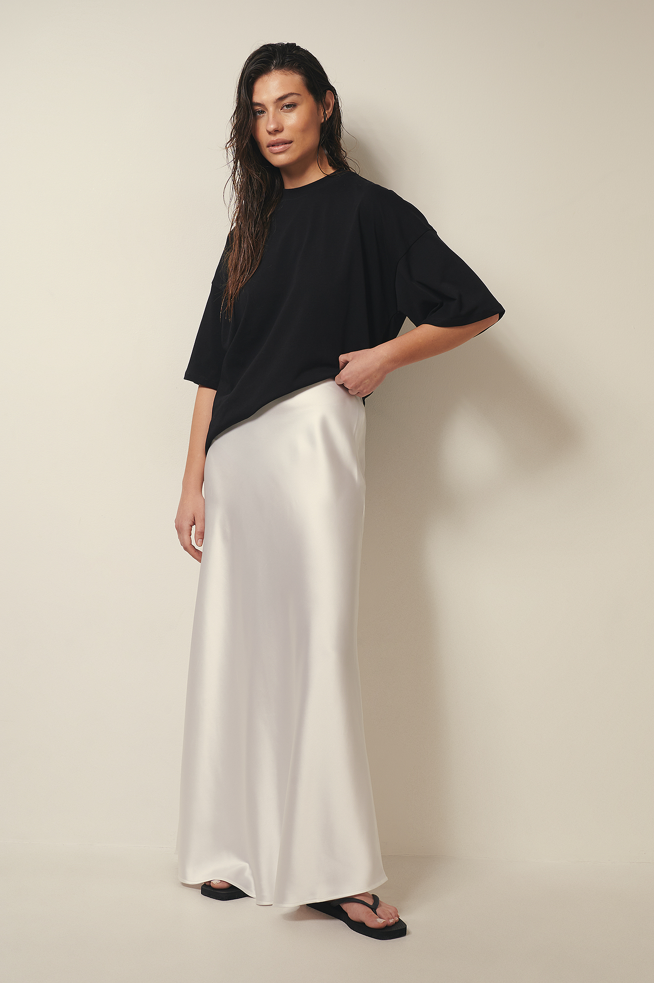 Optic White Flowy Long Satin Skirt