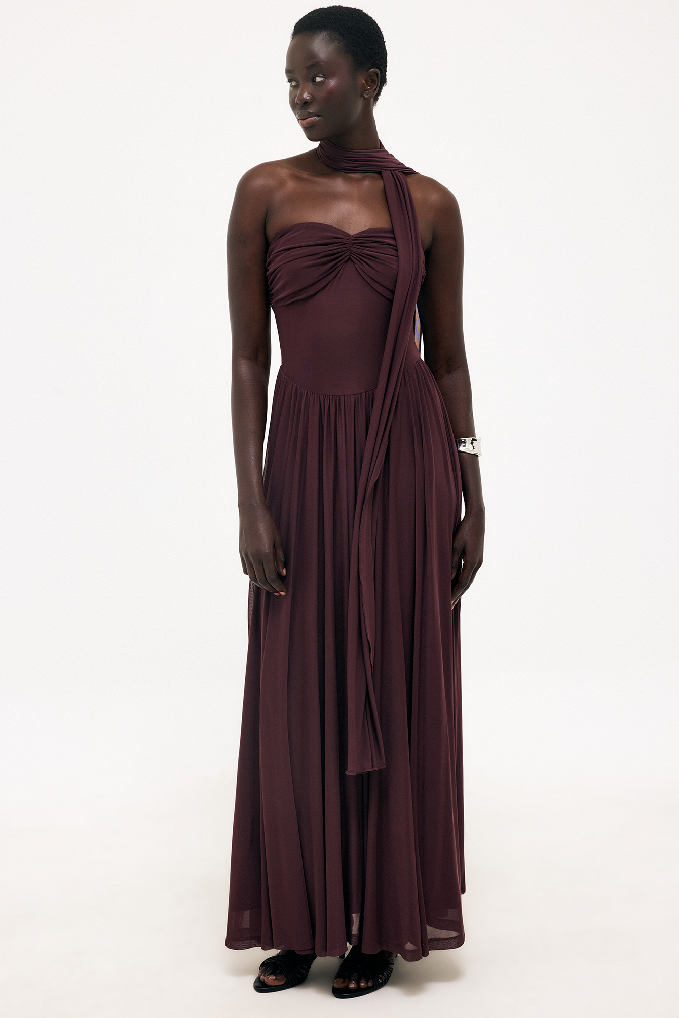 Brown Mesh Scarf Maxi Dress