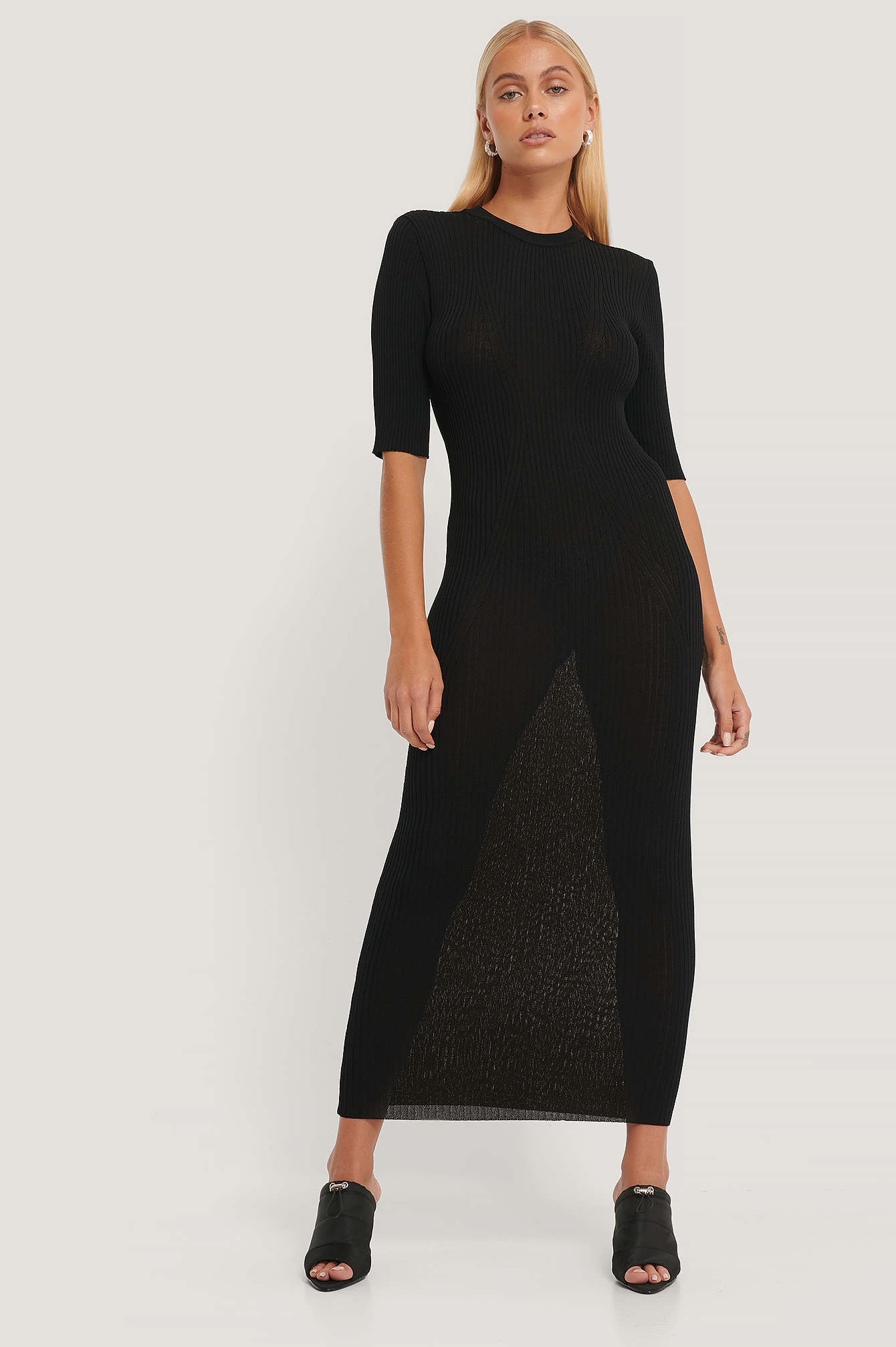 Black 3/4 Sleeve Ribbed Knitted Dress