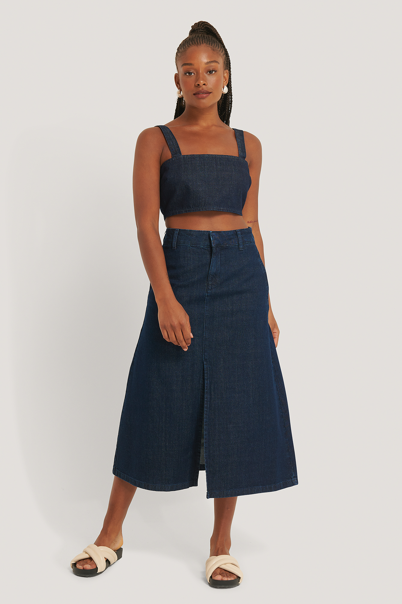 Dark Blue A-line Midi Denim Skirt