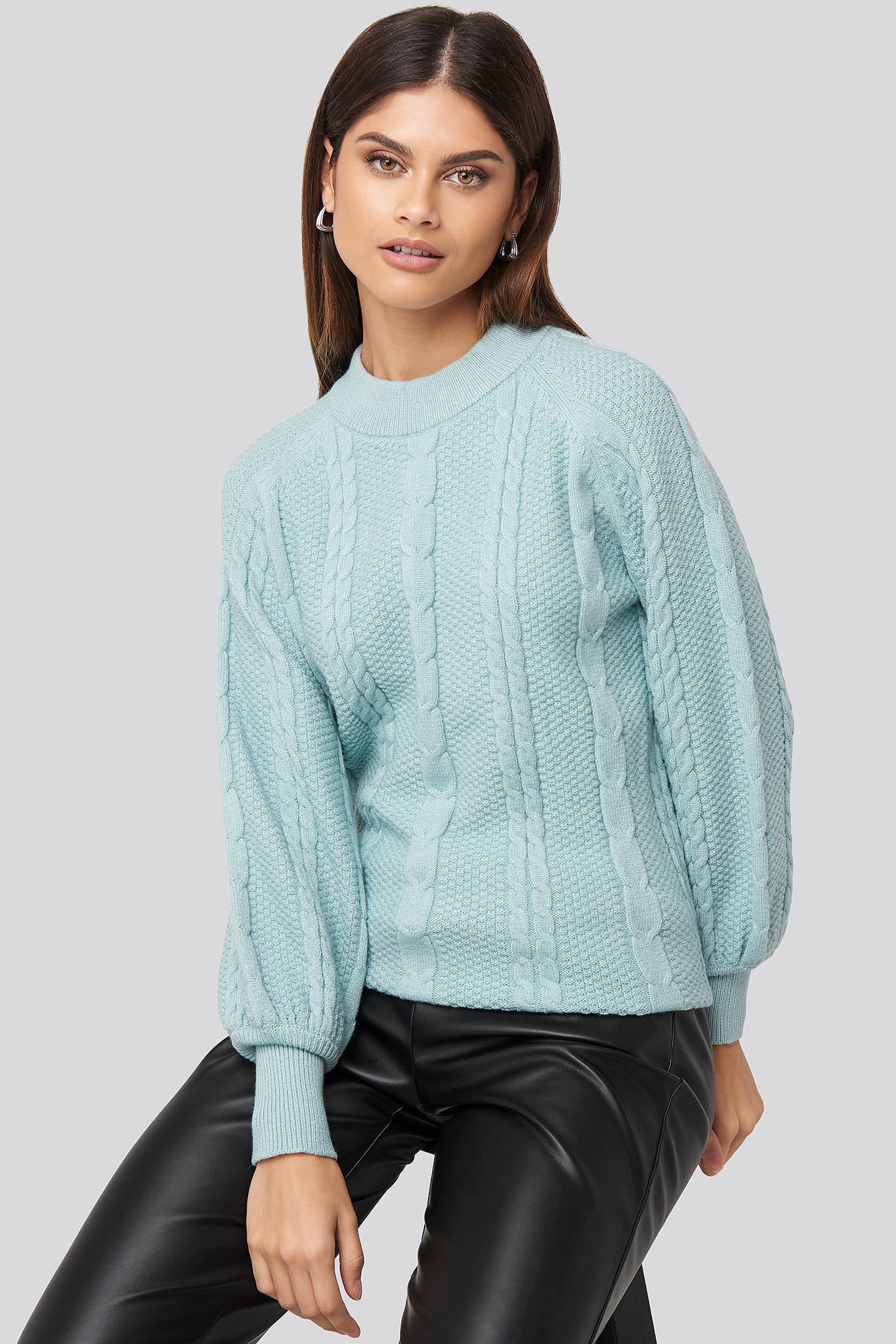 Blue Balloon Sleeve Cable Knitted Sweater