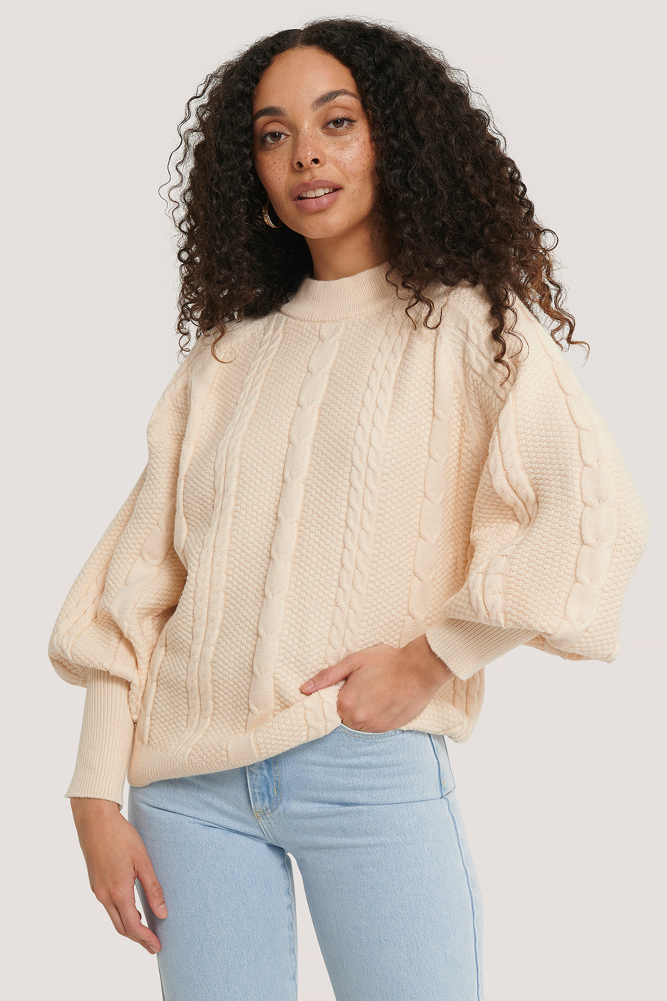 Cream Balloon Sleeve Cable Knitted Sweater