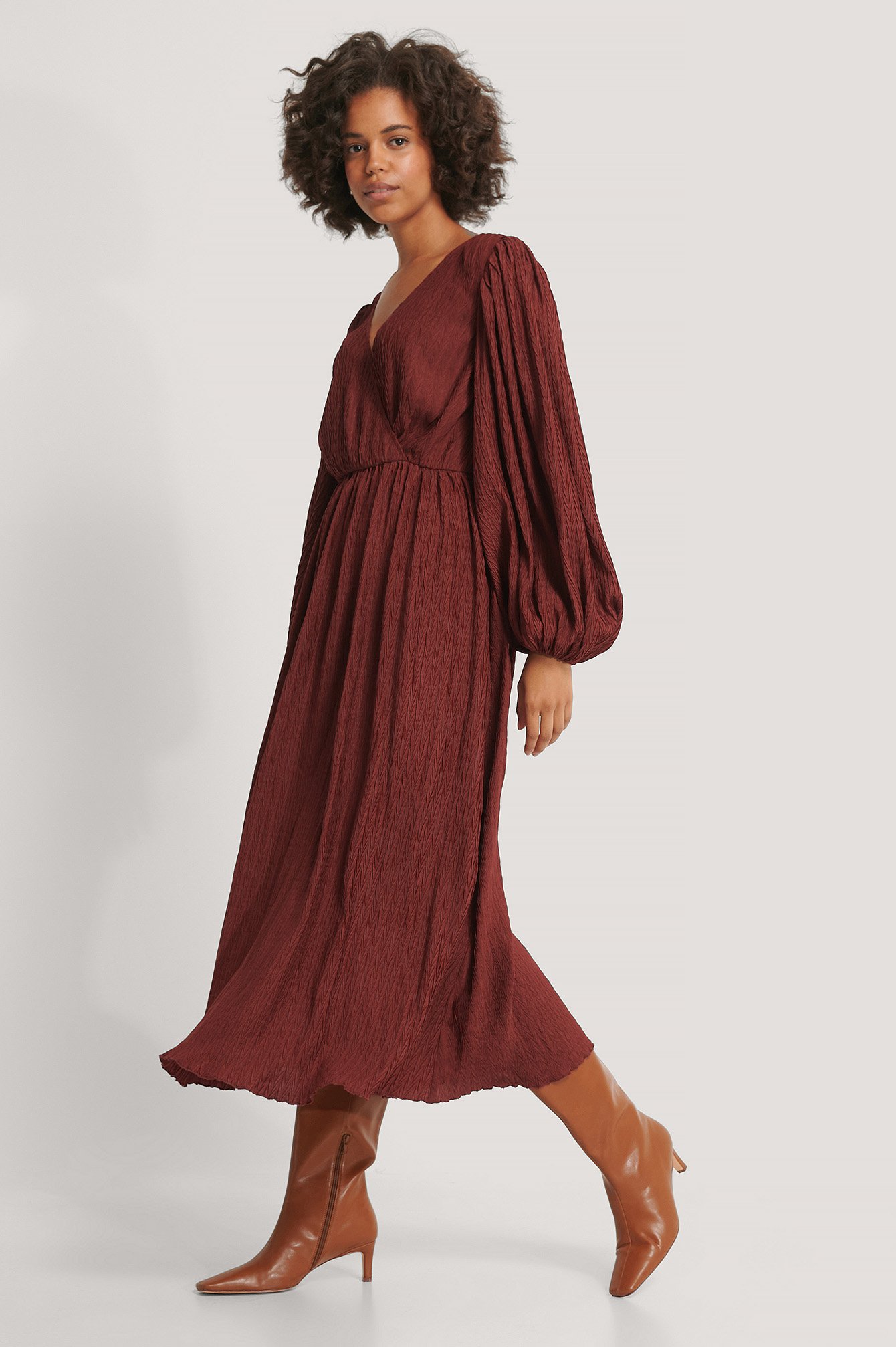 Red Balloon Sleeve Overlap Structured Maxi Dress