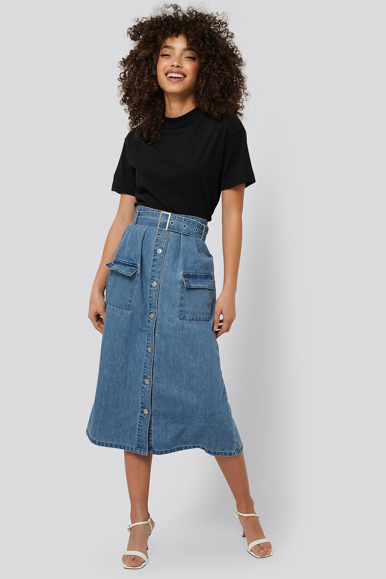 Mid Blue Belted A-Line Denim Skirt