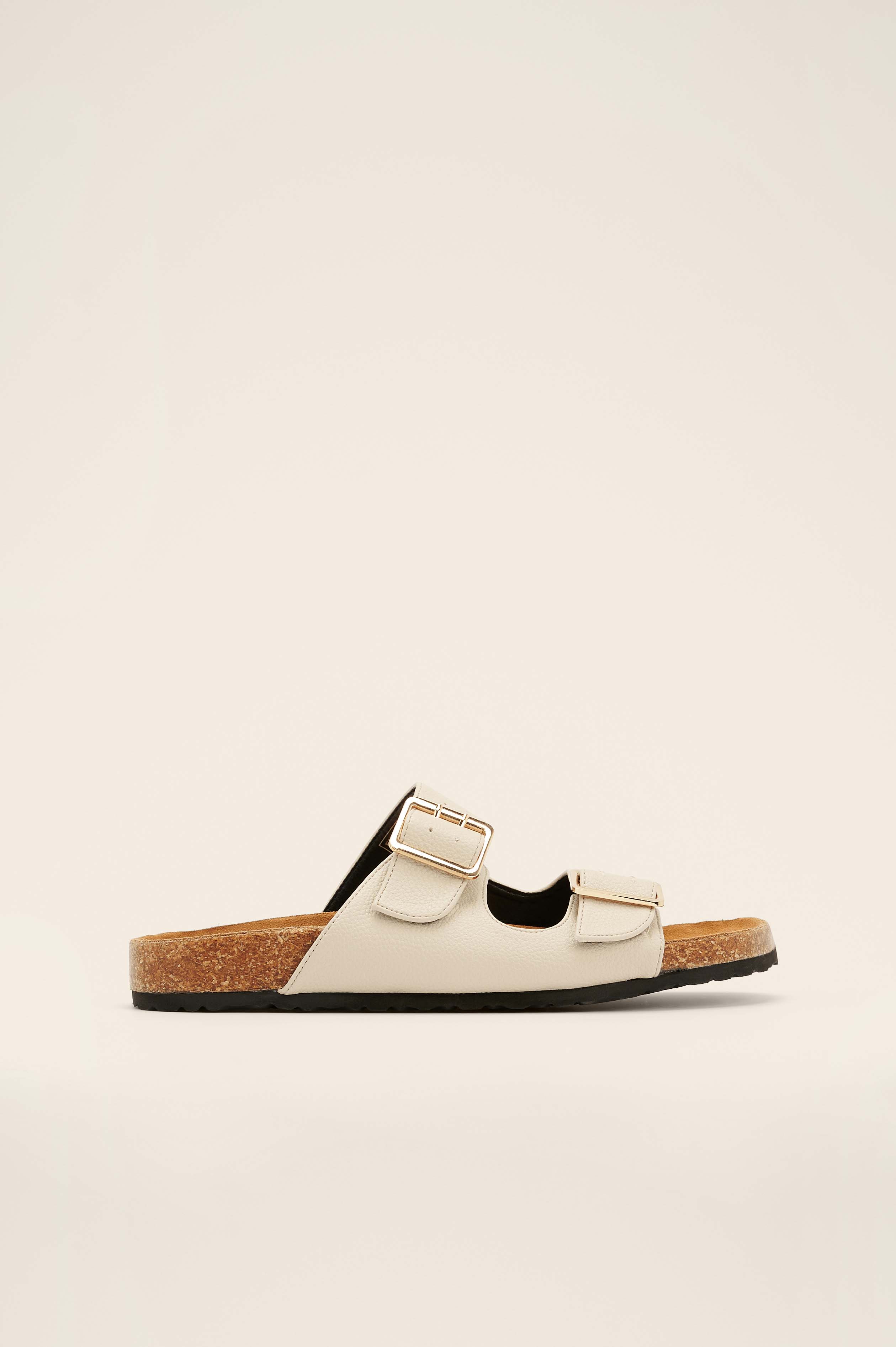 Light Beige Buckled Footbed Slippers