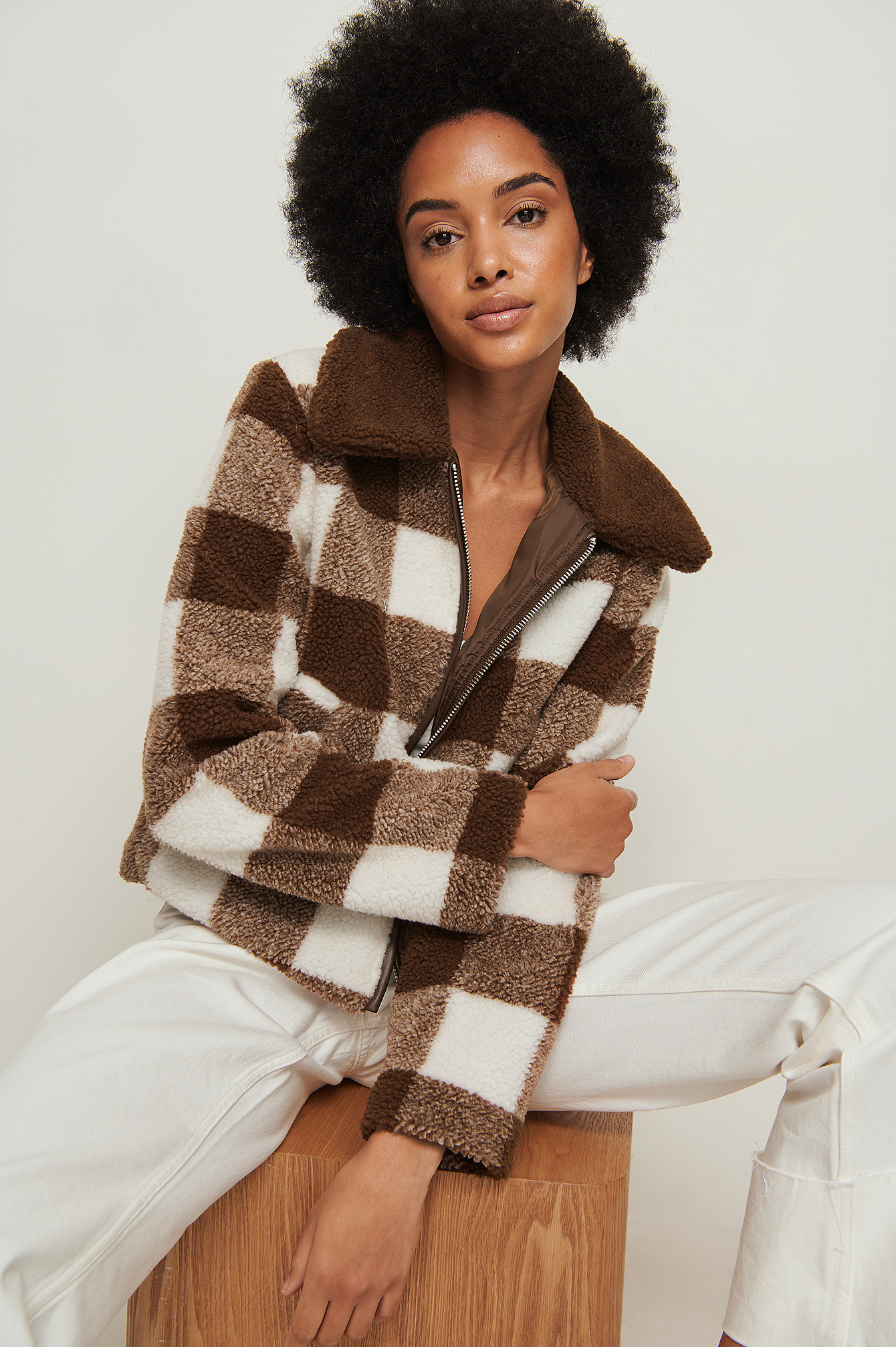Brown/White Recycled Checked Teddy Jacket