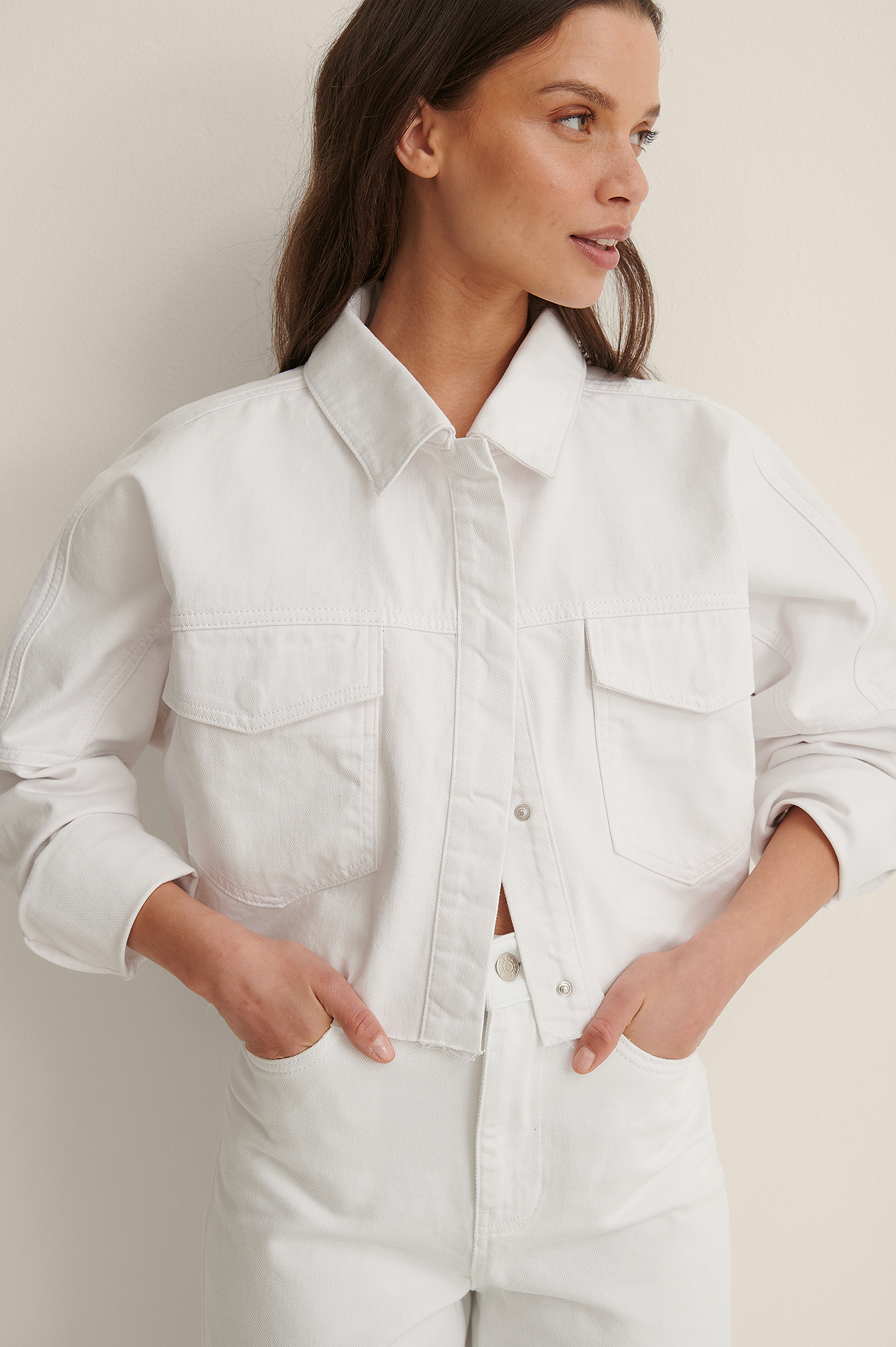 White Organic Cropped Denim Raw Hem Shirt
