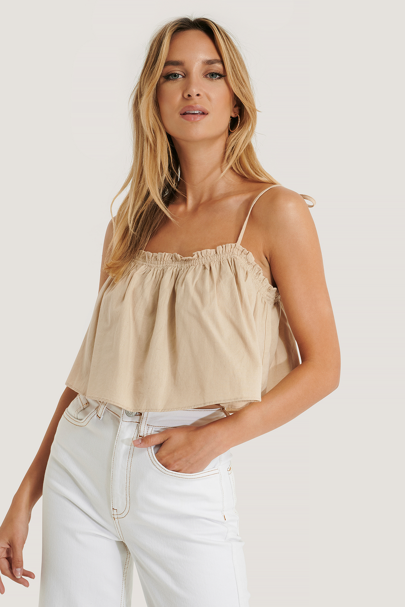 Beige Cropped Frill Detail Top