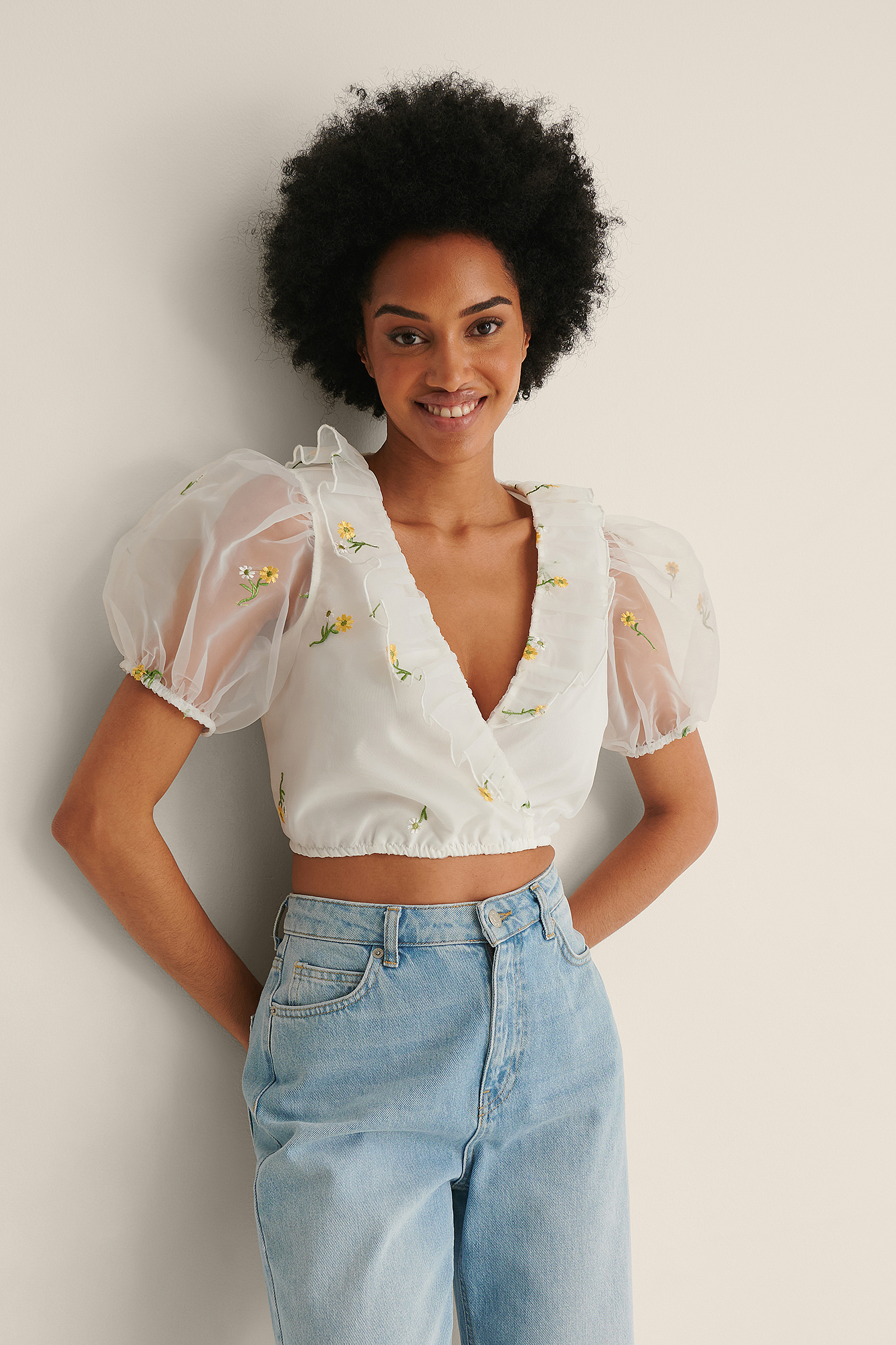 Yellow Flower Cropped Organza Top