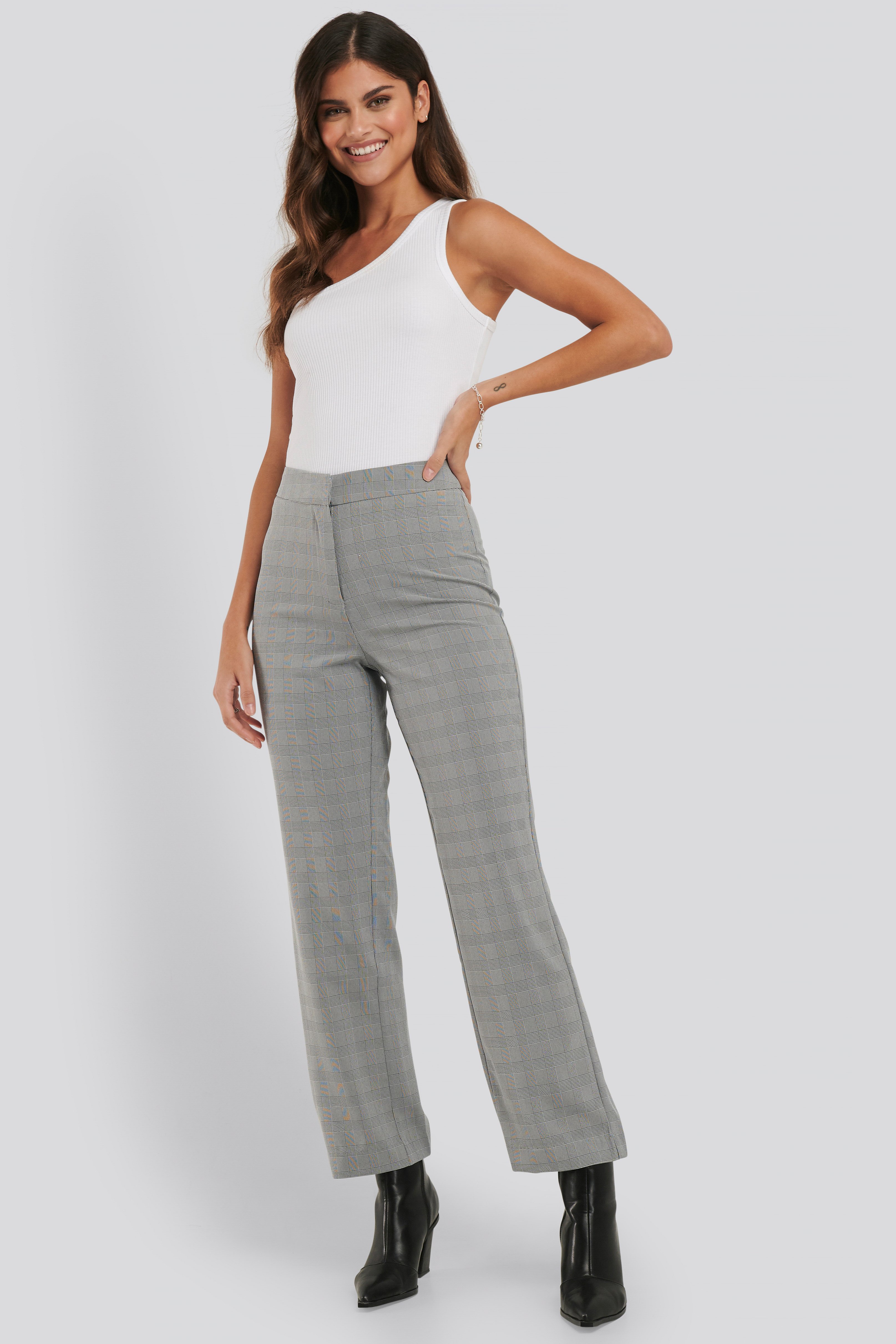 Grey Cropped Straight Suit Check Pants