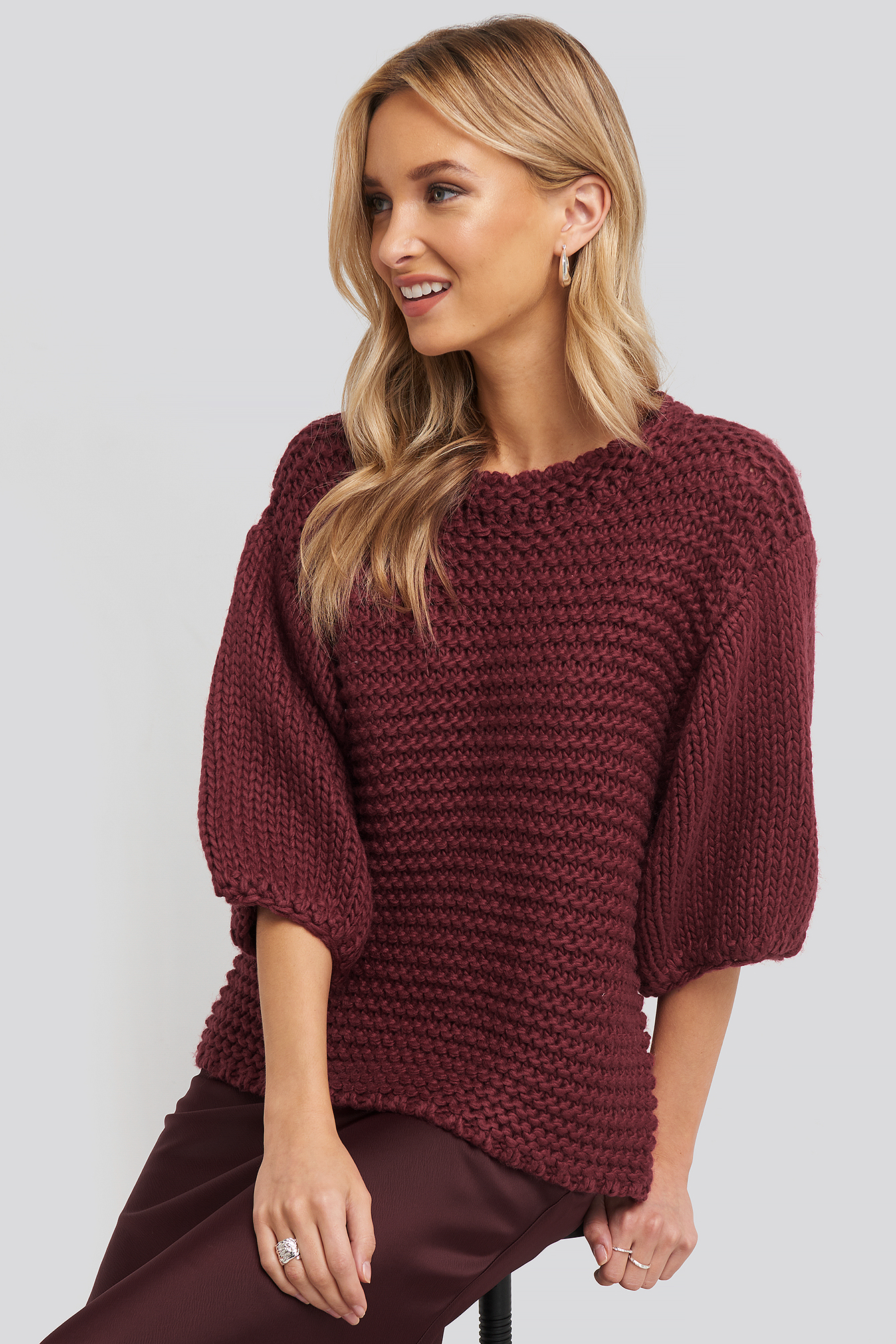 Burgundy Detail Neck Short Sleeve Sweater