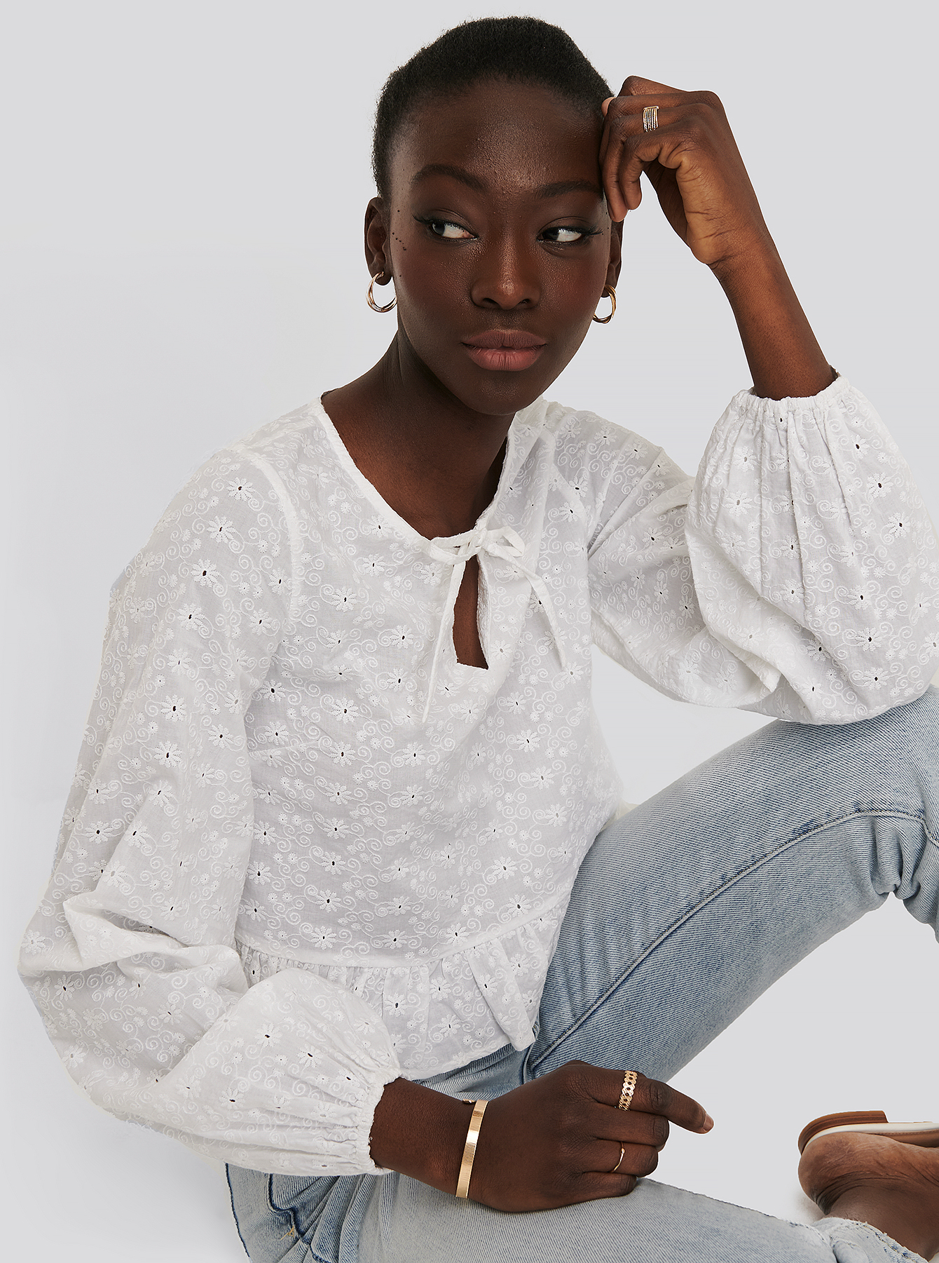 White Embroidery Frill Blouse