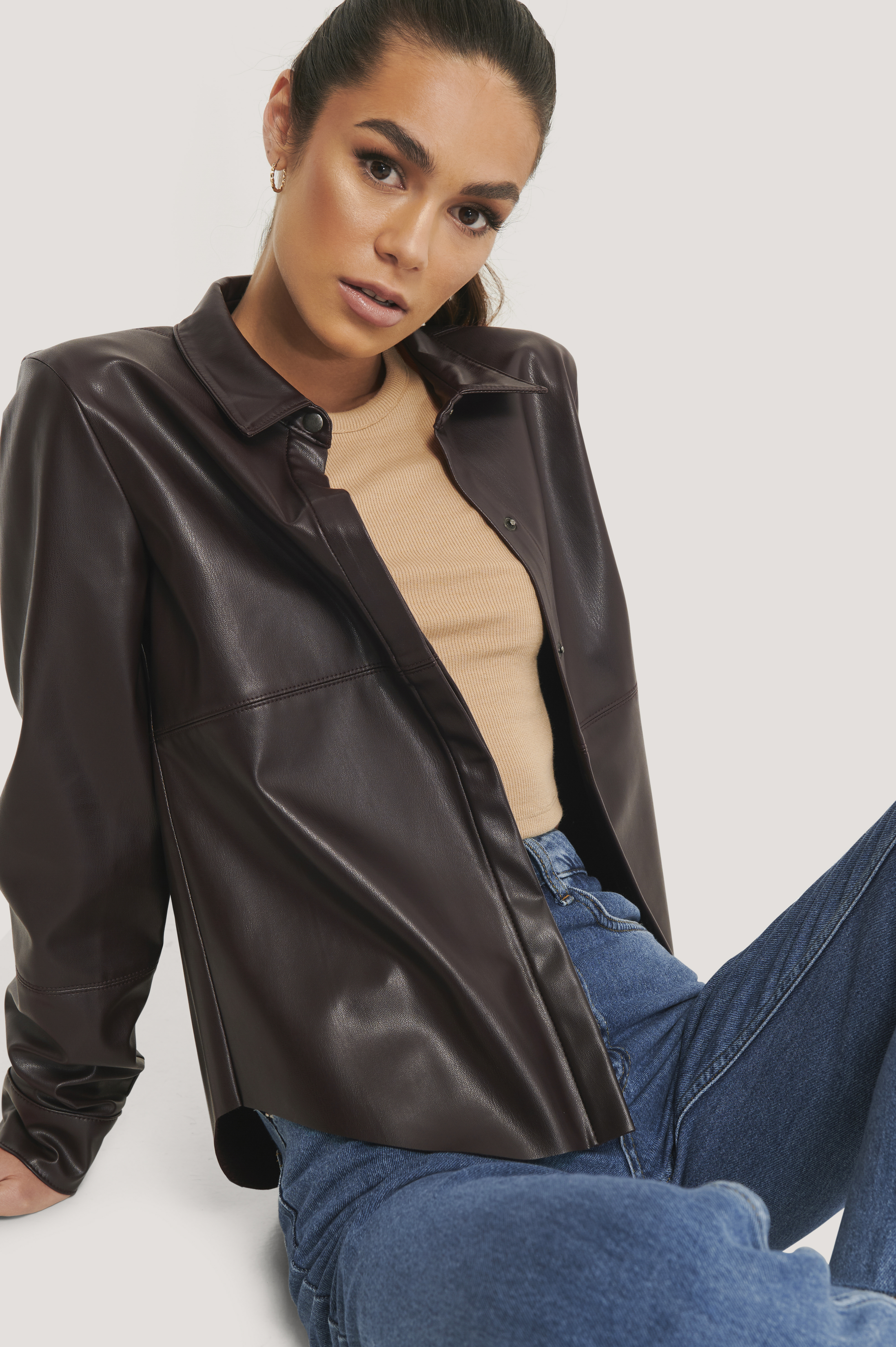 Brown Faux Leather Loose Fit Shirt