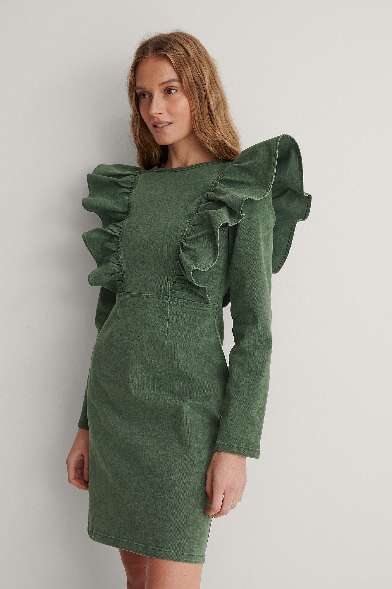 Washed Green Flounce Denim Dress