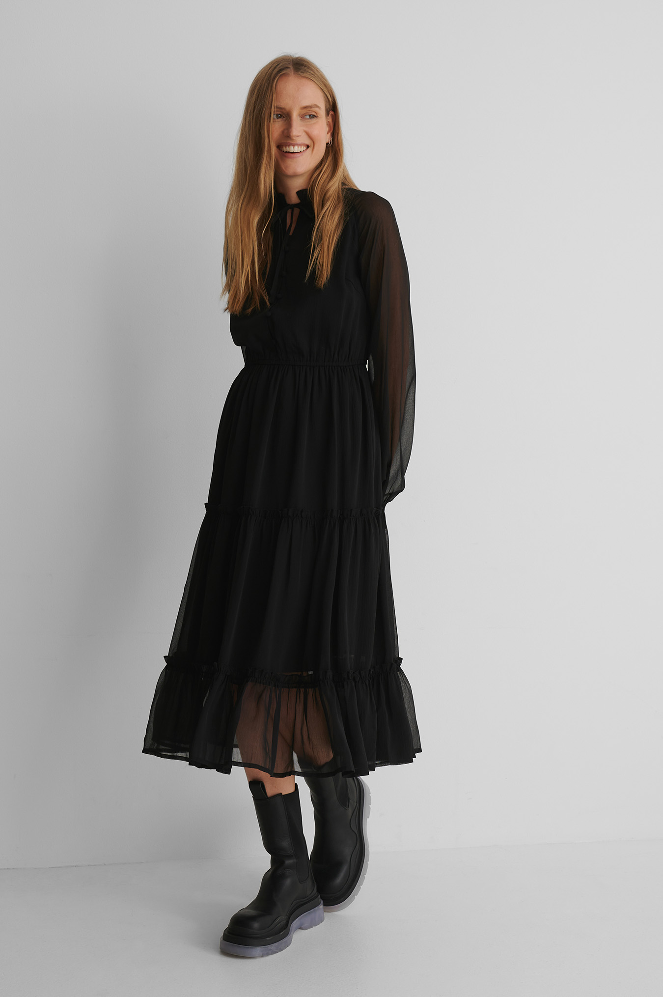 Black Frill Neck Midi Dress