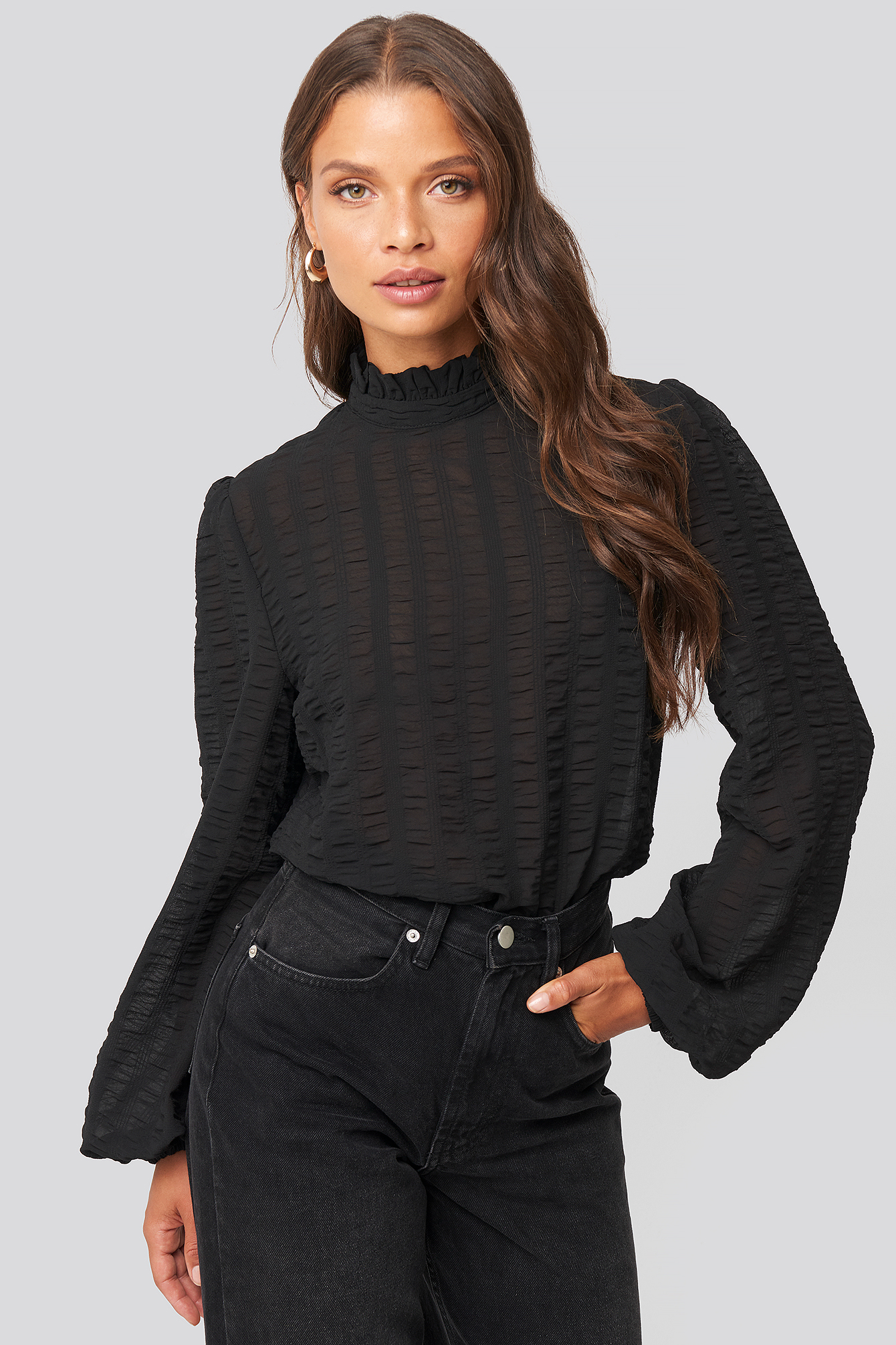 Black Frill Neck Structured Blouse