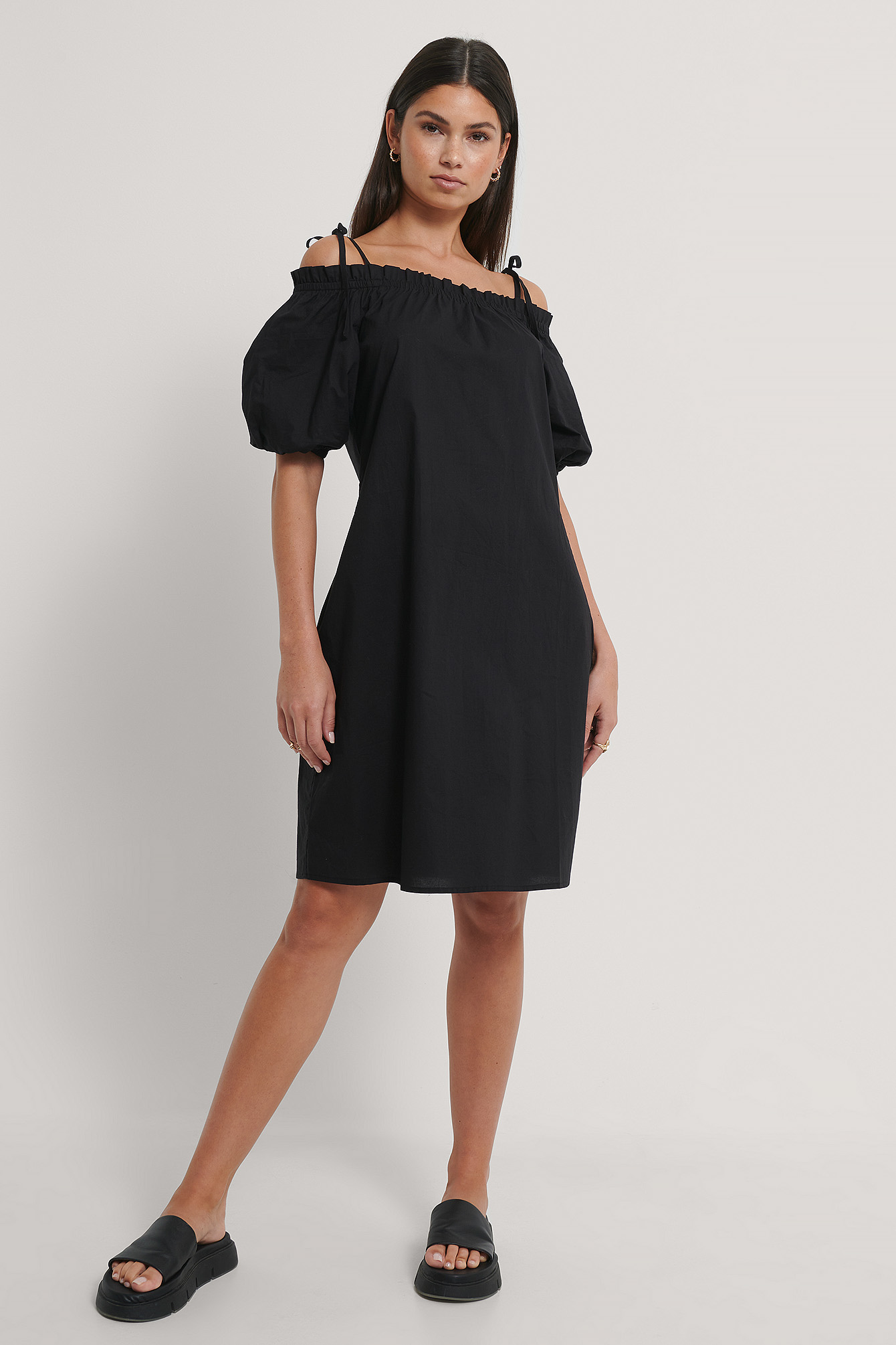 Black Frill Off Shoulder Midi Dress