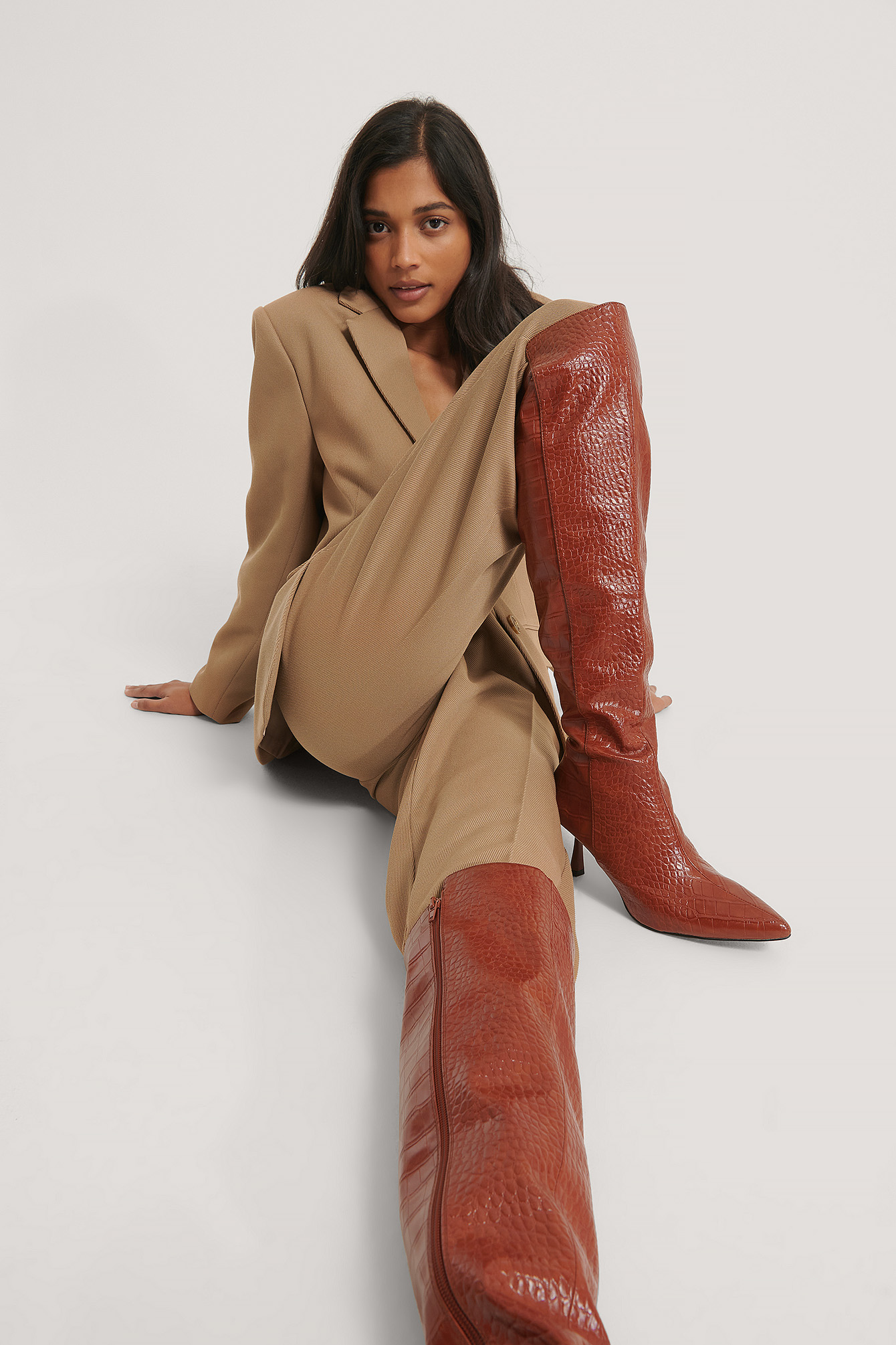 Brown Croco Front Seam Knee High Boots