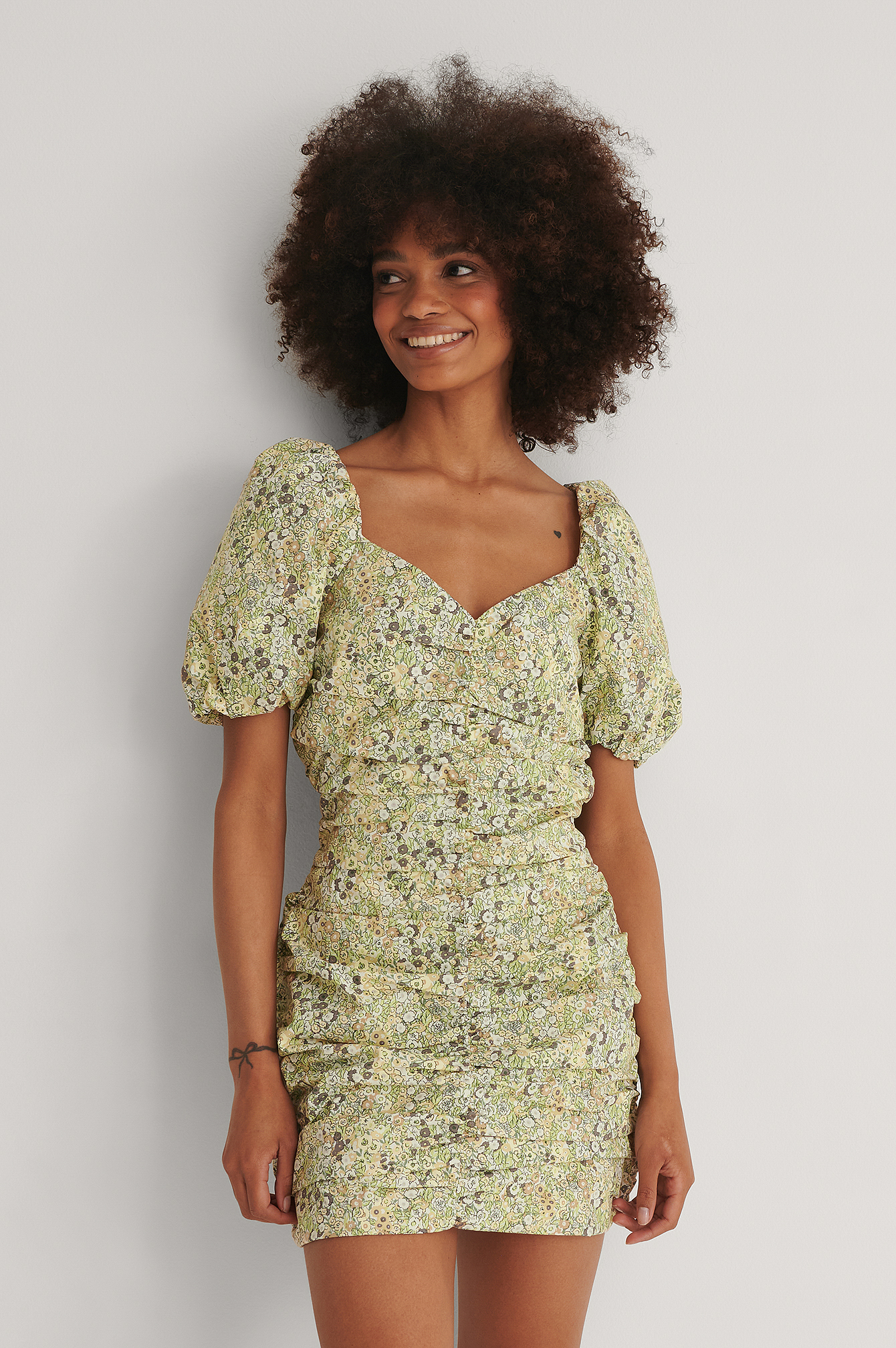 Green Flower Organic Gathered Mini Cotton Dress