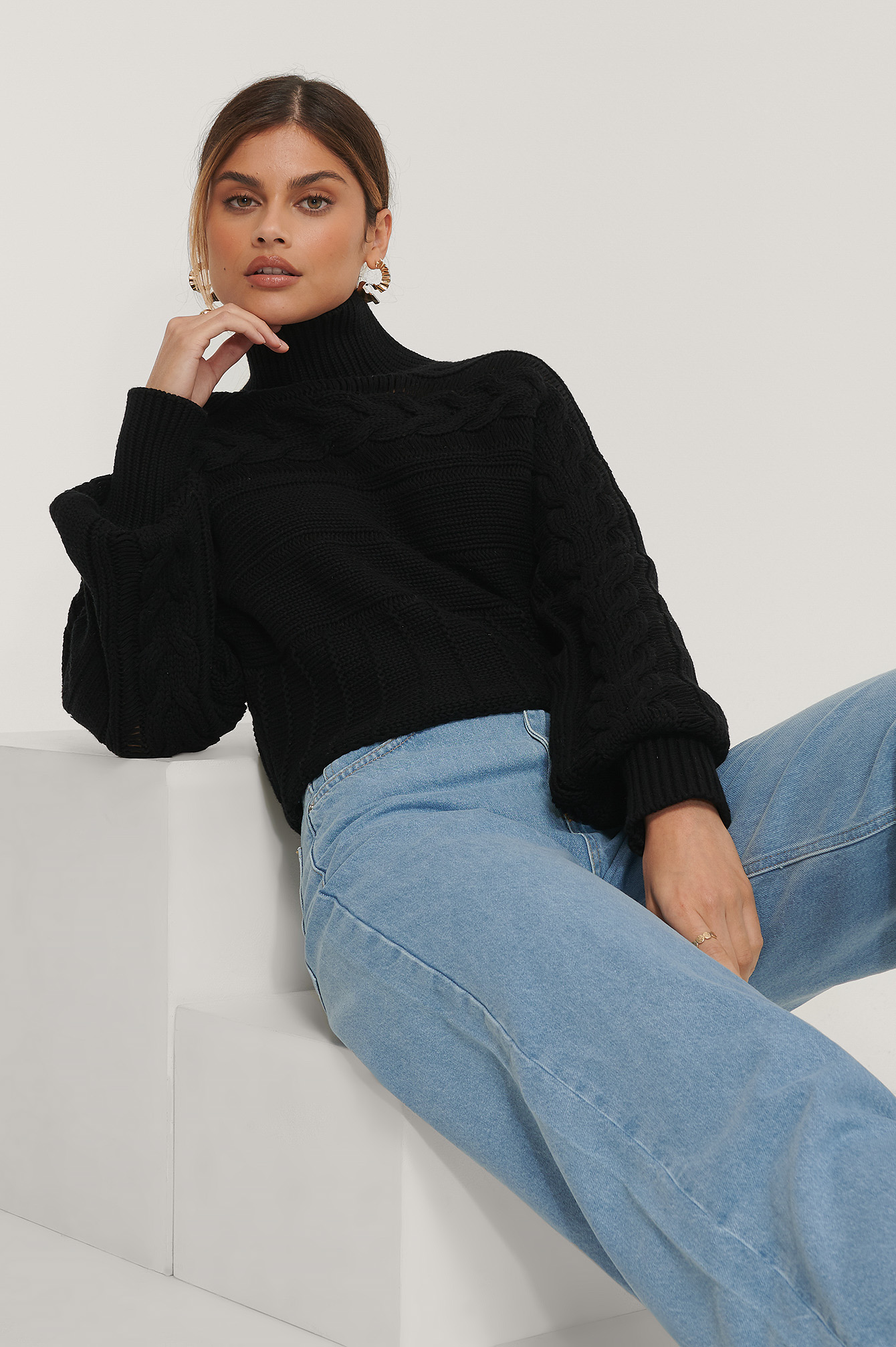 Black High Neck Cable Detail Knitted Sweater