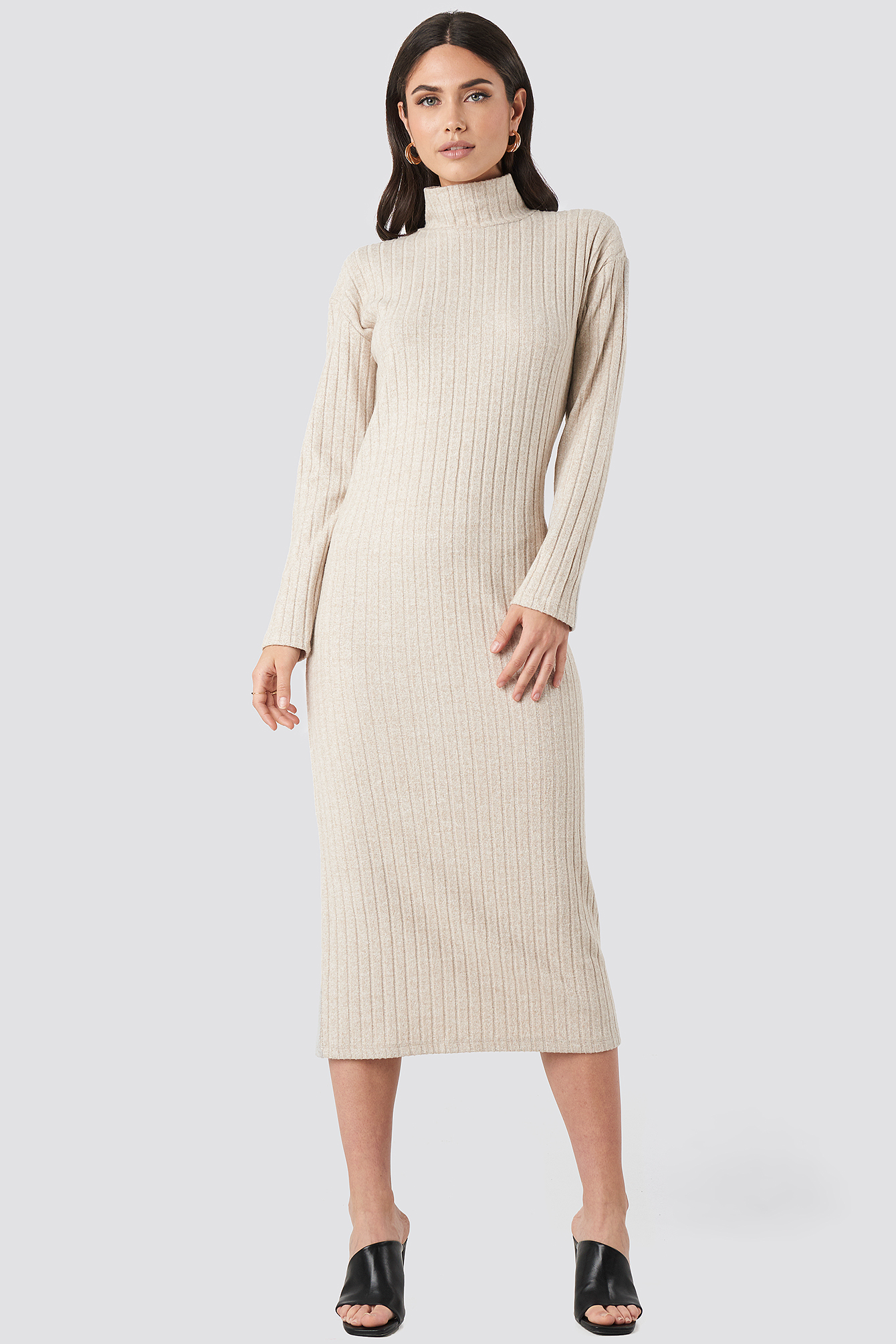 Beige High Neck Ribbed Ankle Length Knitted Dress