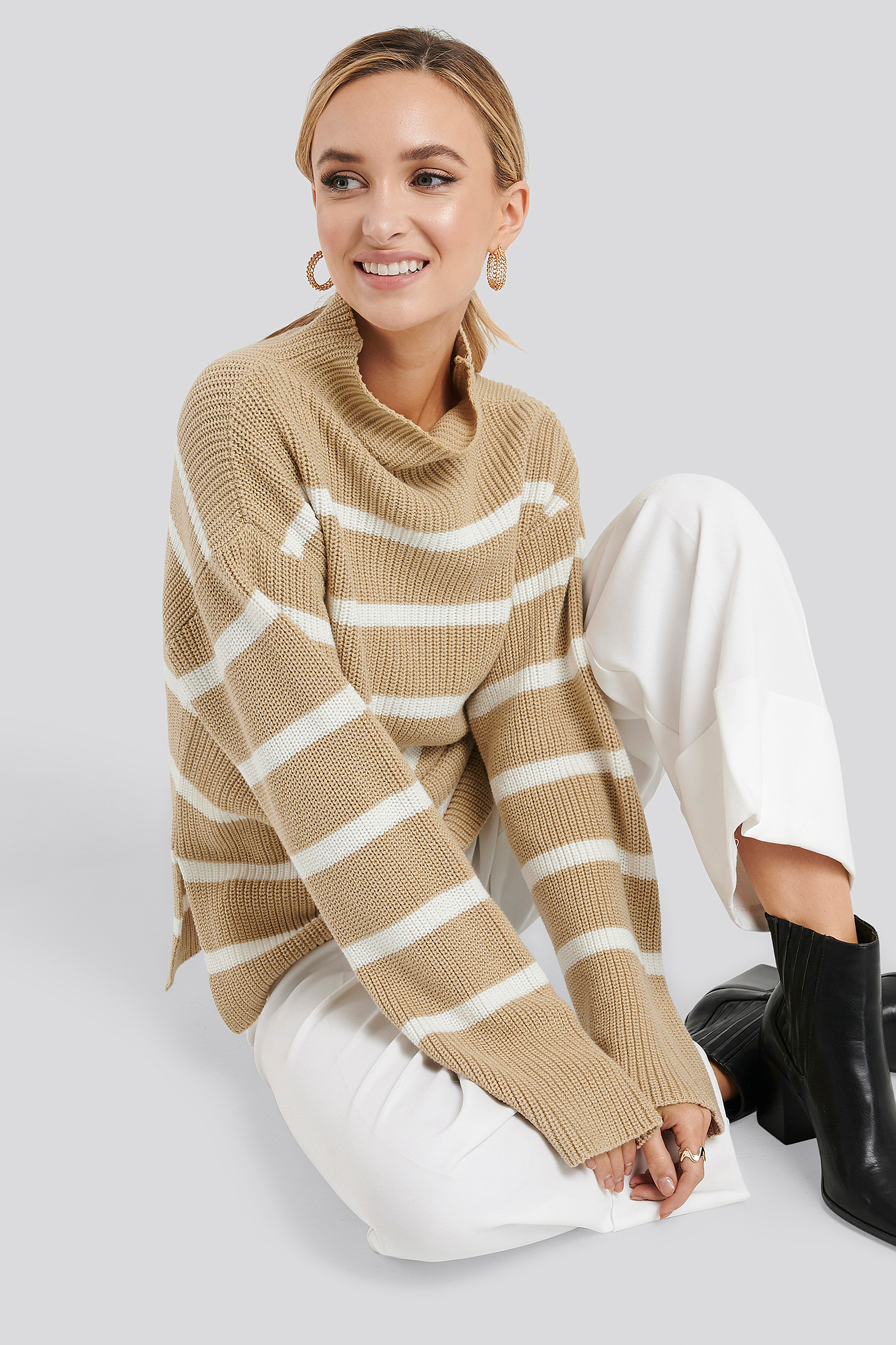 Beige/White Stripe High Neck Striped Knitted Sweater