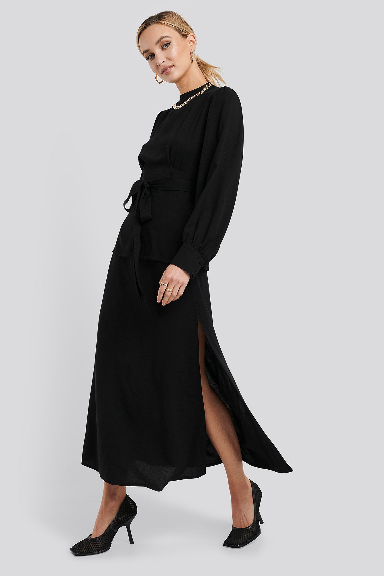 Black High Waist Side Split Midi Skirt
