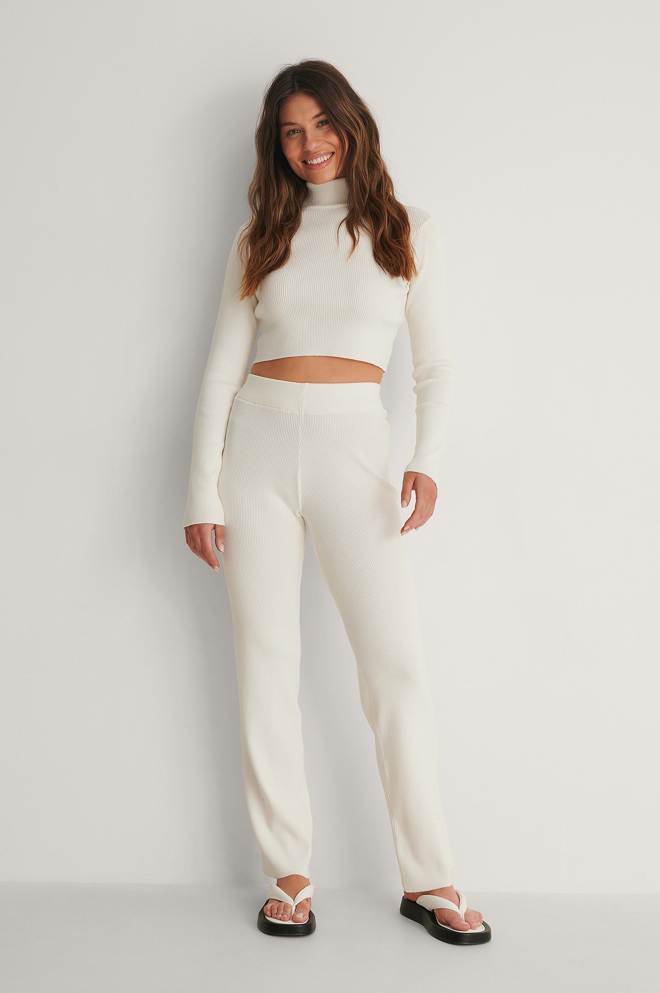 Offwhite Knitted Ribbed High Waist Pants
