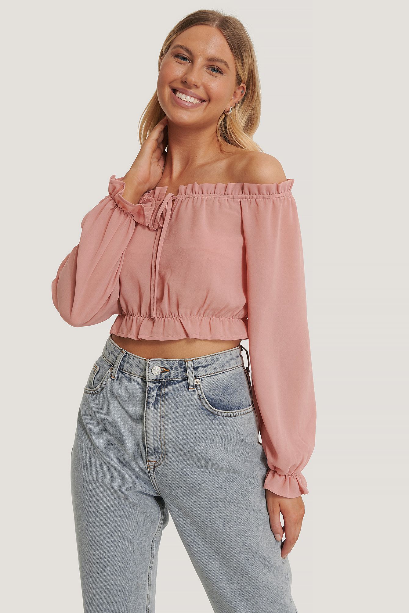 Dusty Pink Long Sleeve Cropped Frill Top