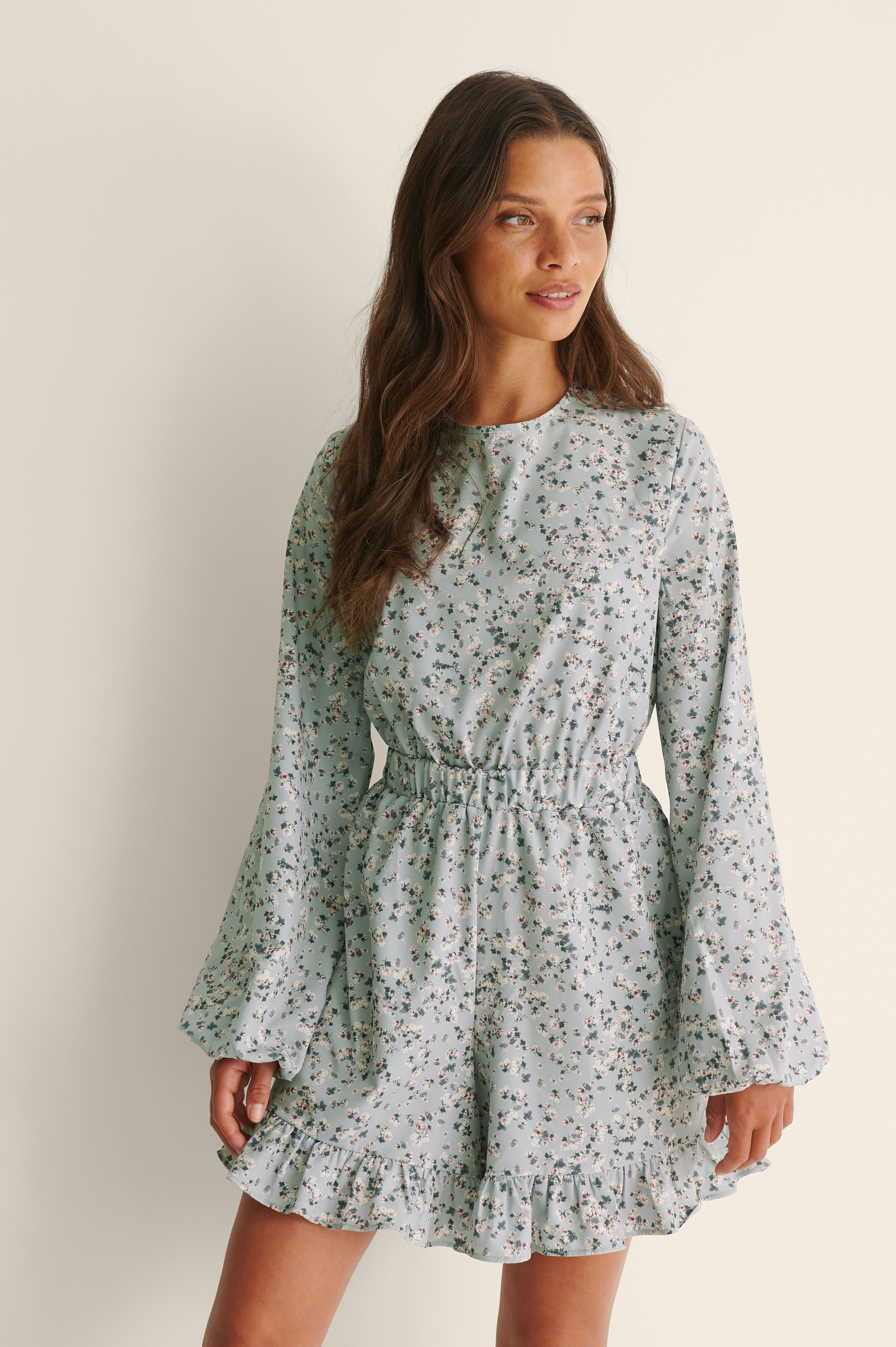 Print Recycled Long Sleeve Frilled Playsuit