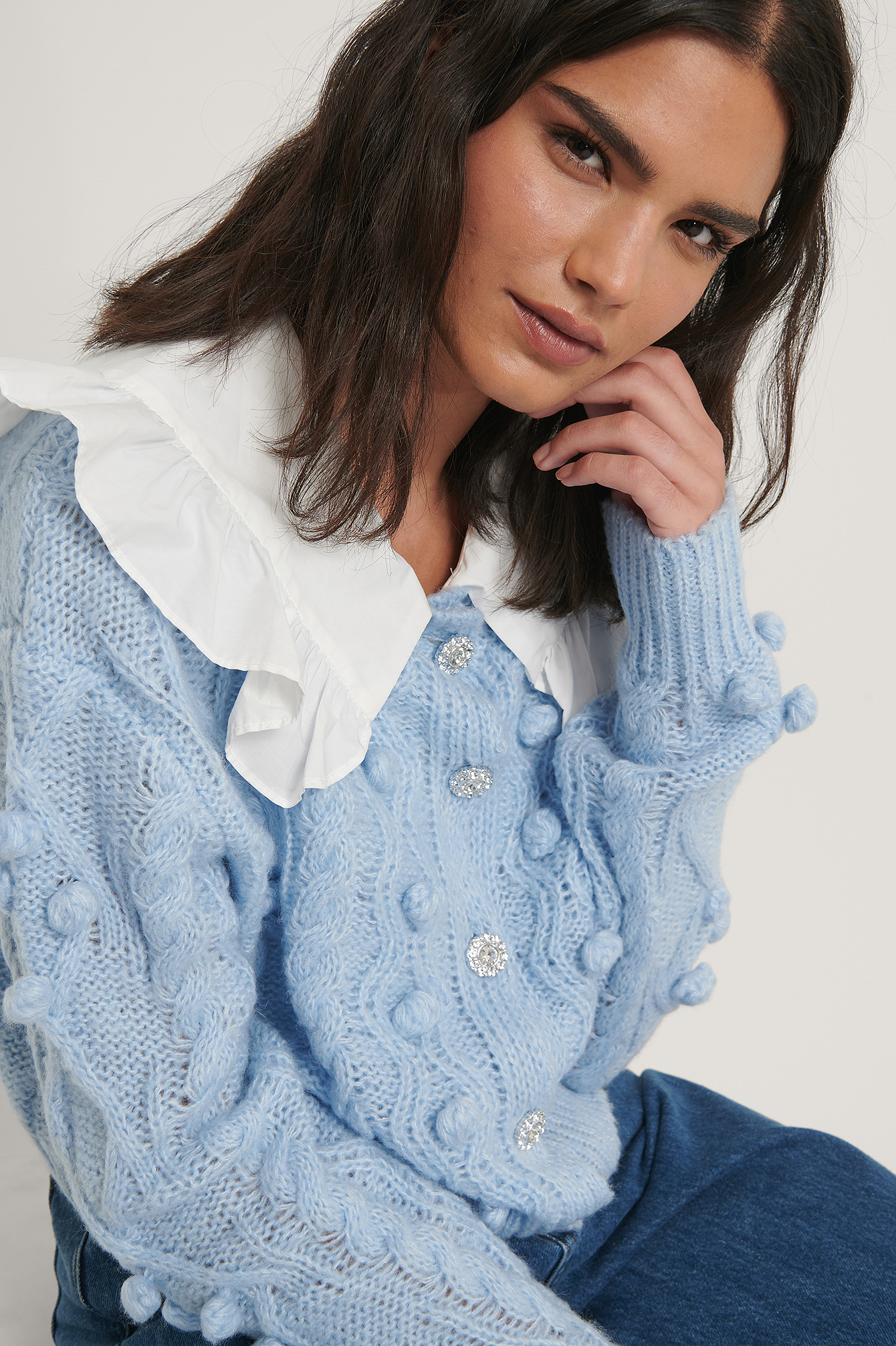 Blue Glitter Button Cable Knit Cardigan
