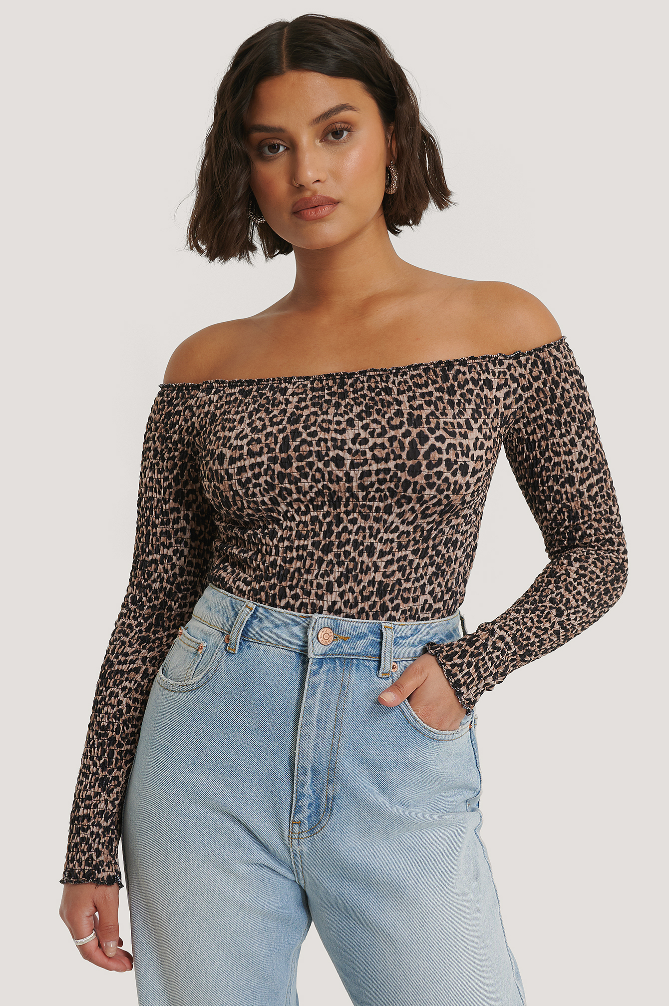 Leopard Print Off Shoulder Long Sleeve Smock Top