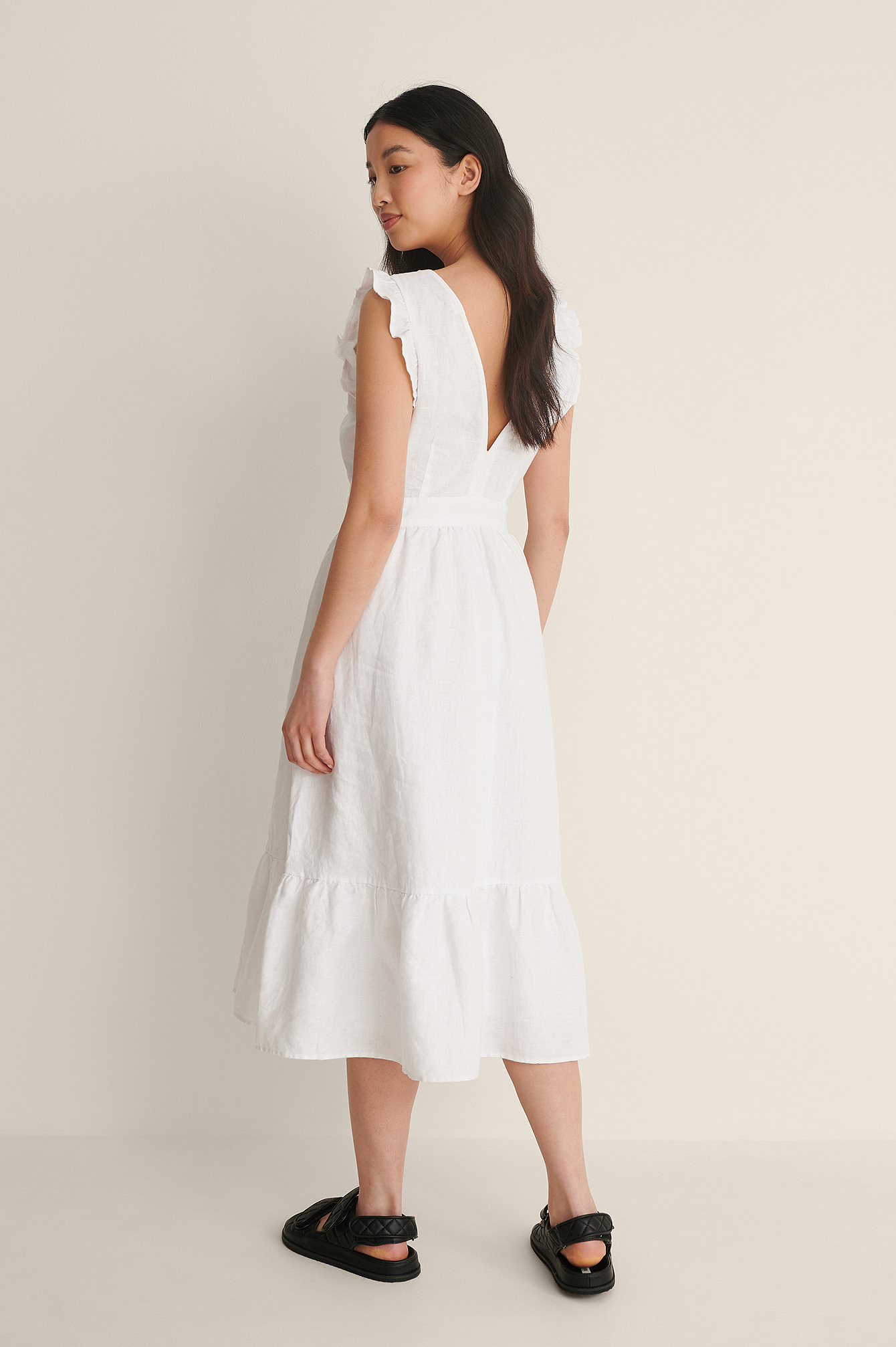 White Open Back Linen Midi Dress
