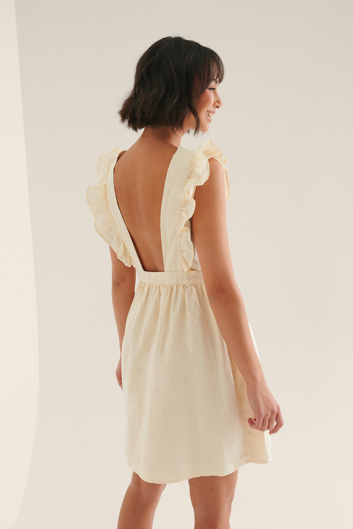 Cream Open Back Mini Linen Dress
