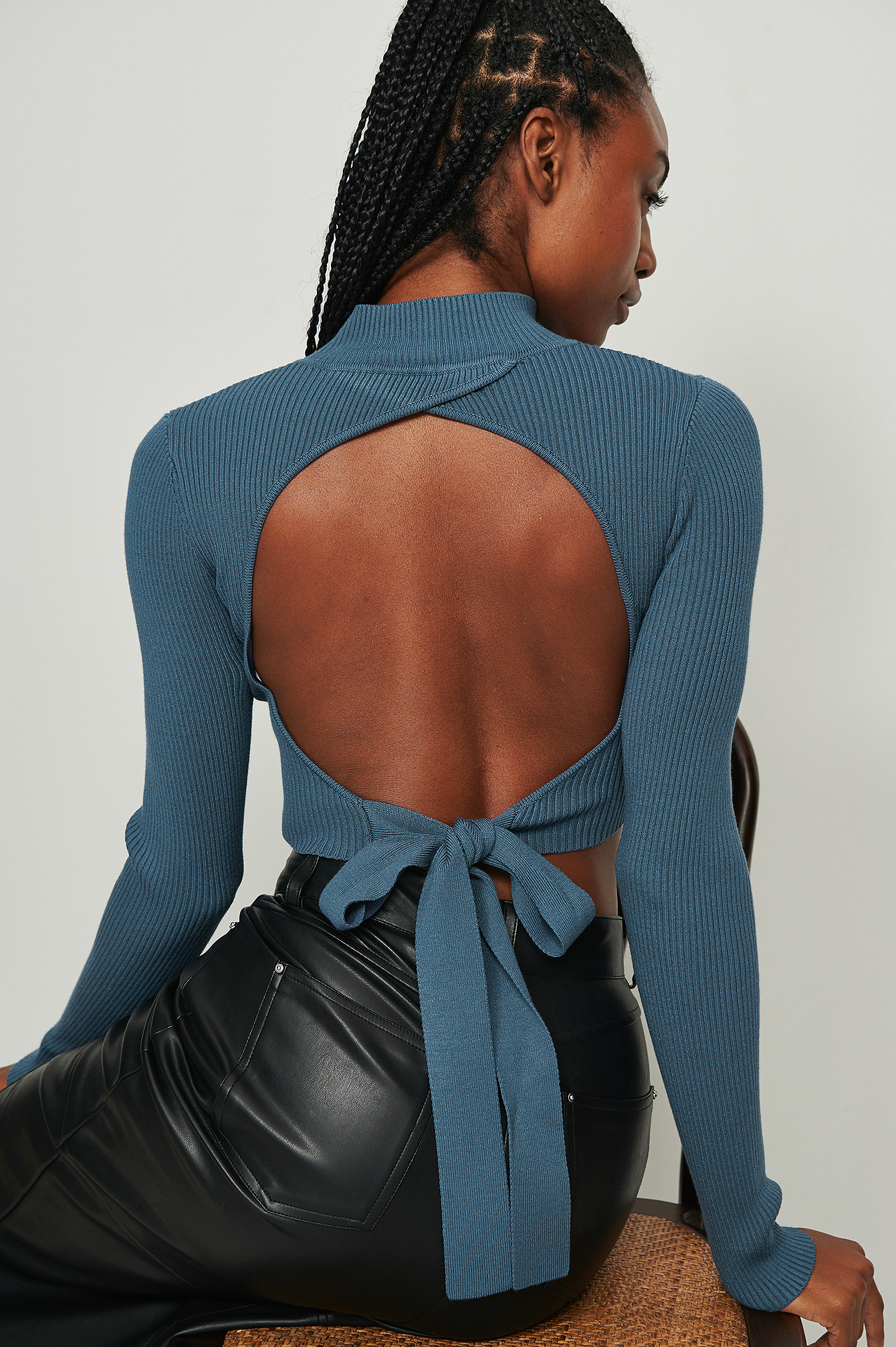 Dark Blue Open Back Ribbed Knitted Sweater