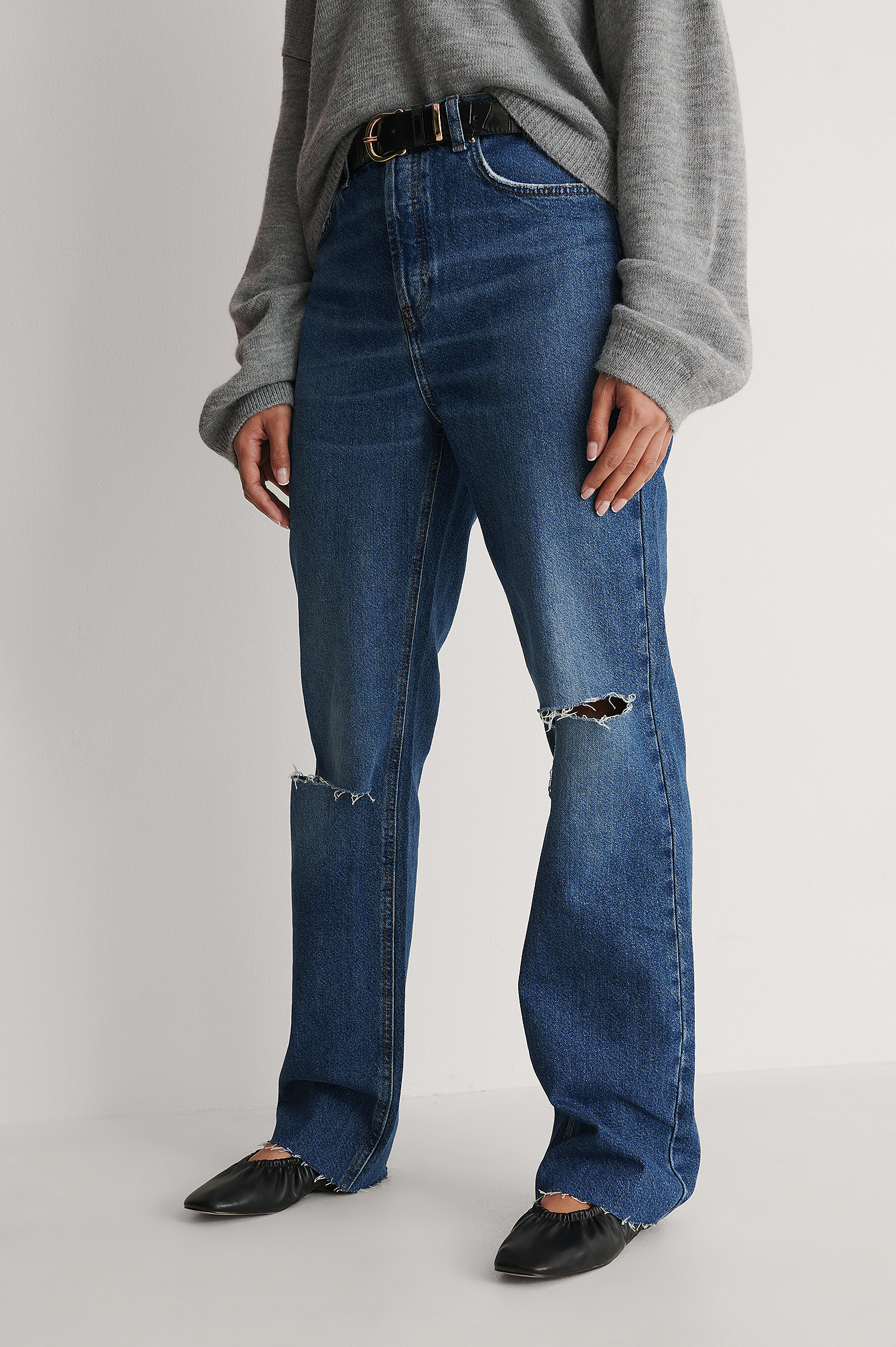 Mid Blue Open Knee Straight High Waist Jeans